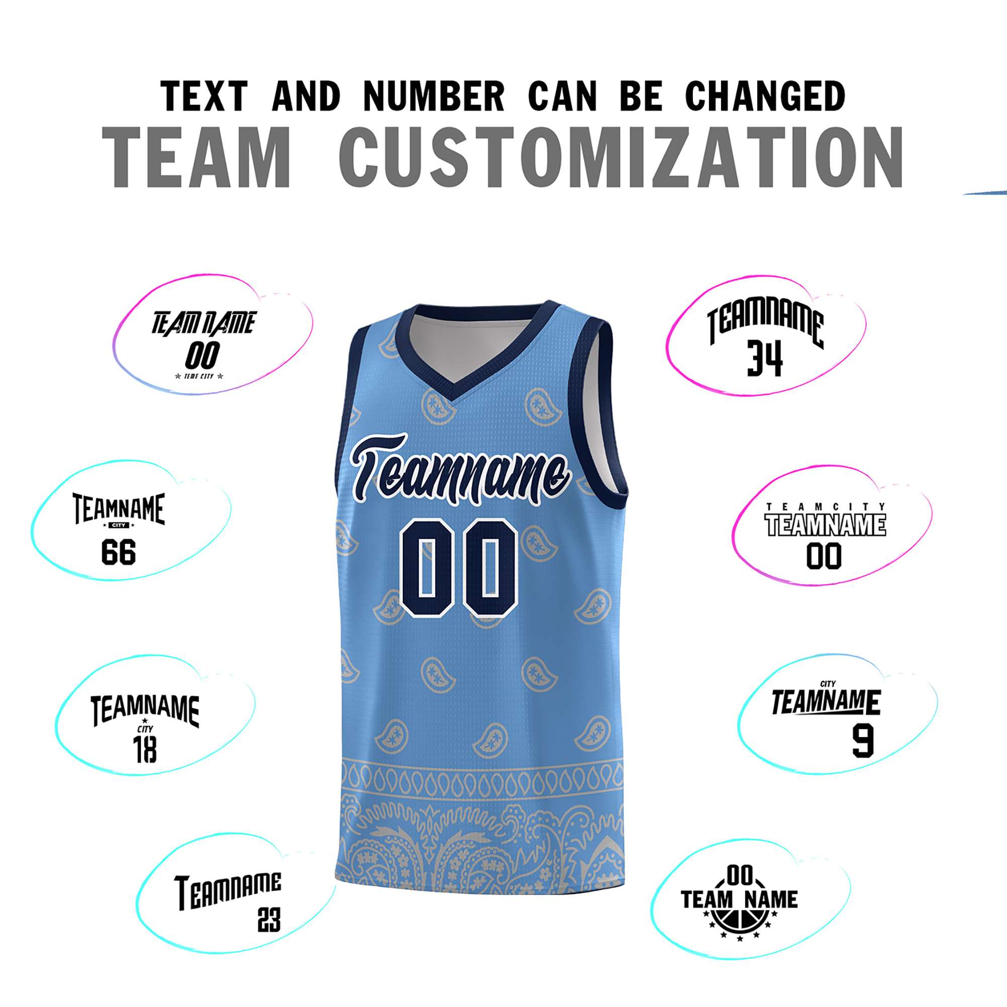 Custom Light Blue Gray Personalized Cashew Pattern Sports Uniform Basketball Jersey