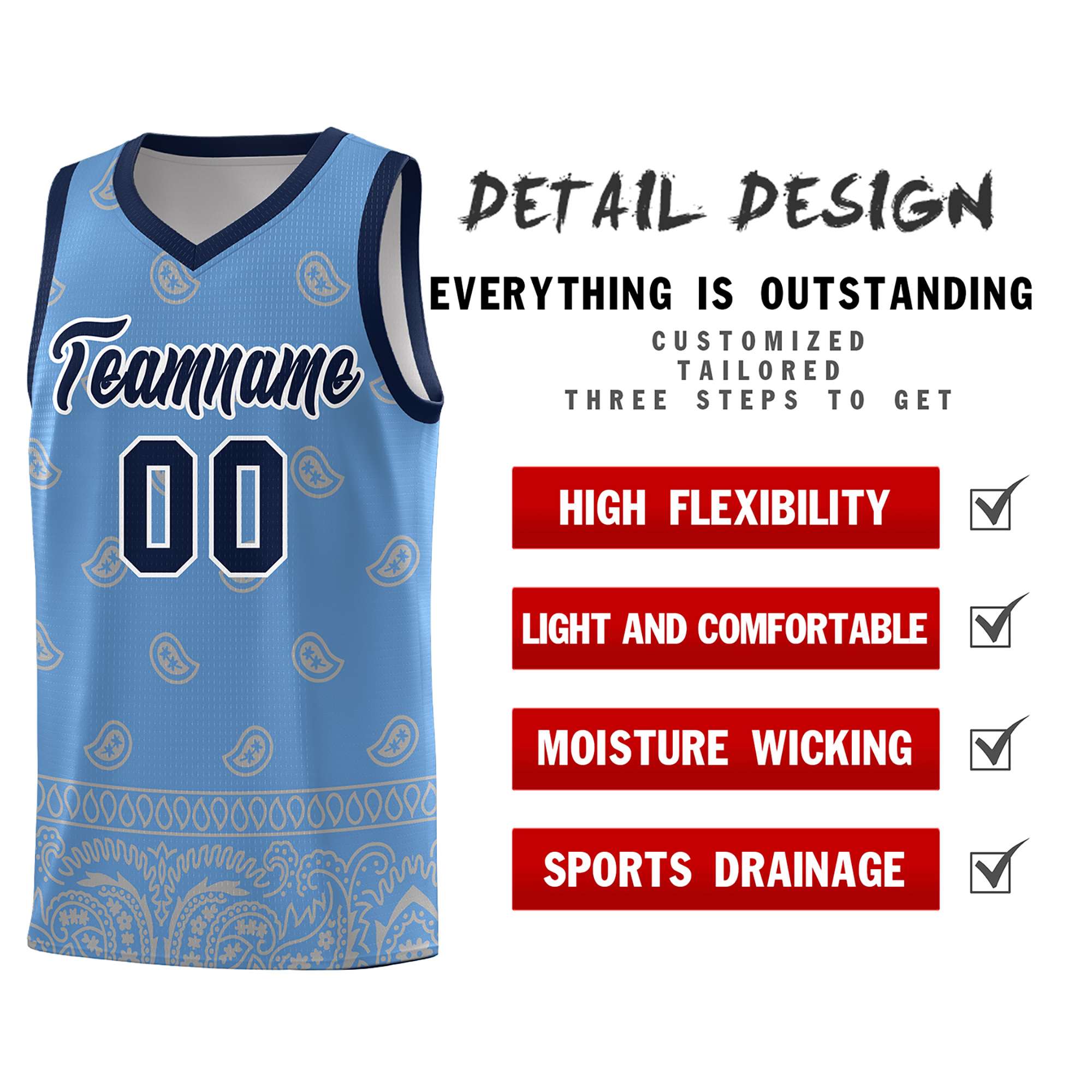 Custom Light Blue Gray Personalized Cashew Pattern Sports Uniform Basketball Jersey