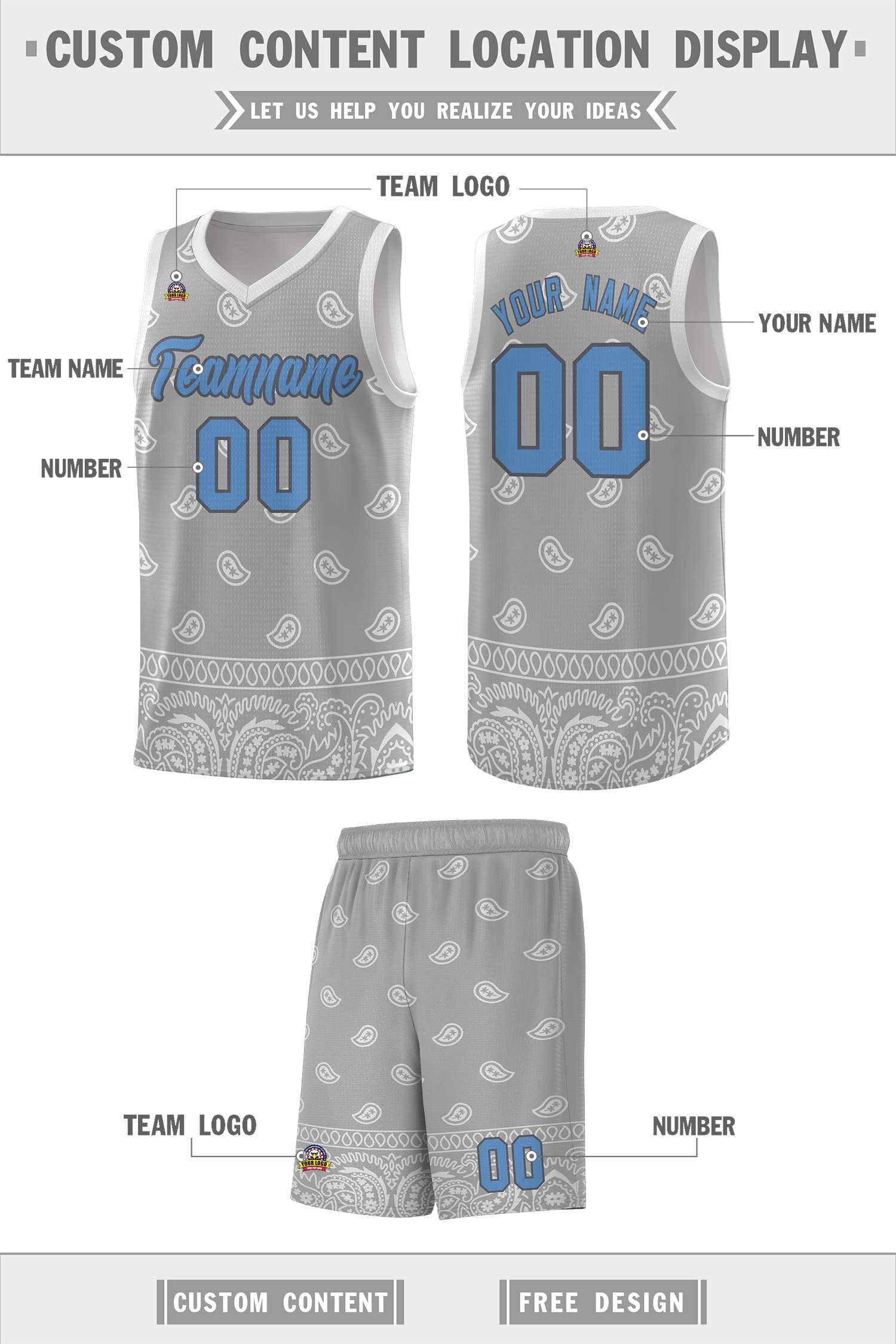 Custom Gray Light Gray Personalized Cashew Pattern Sports Uniform Basketball Jersey