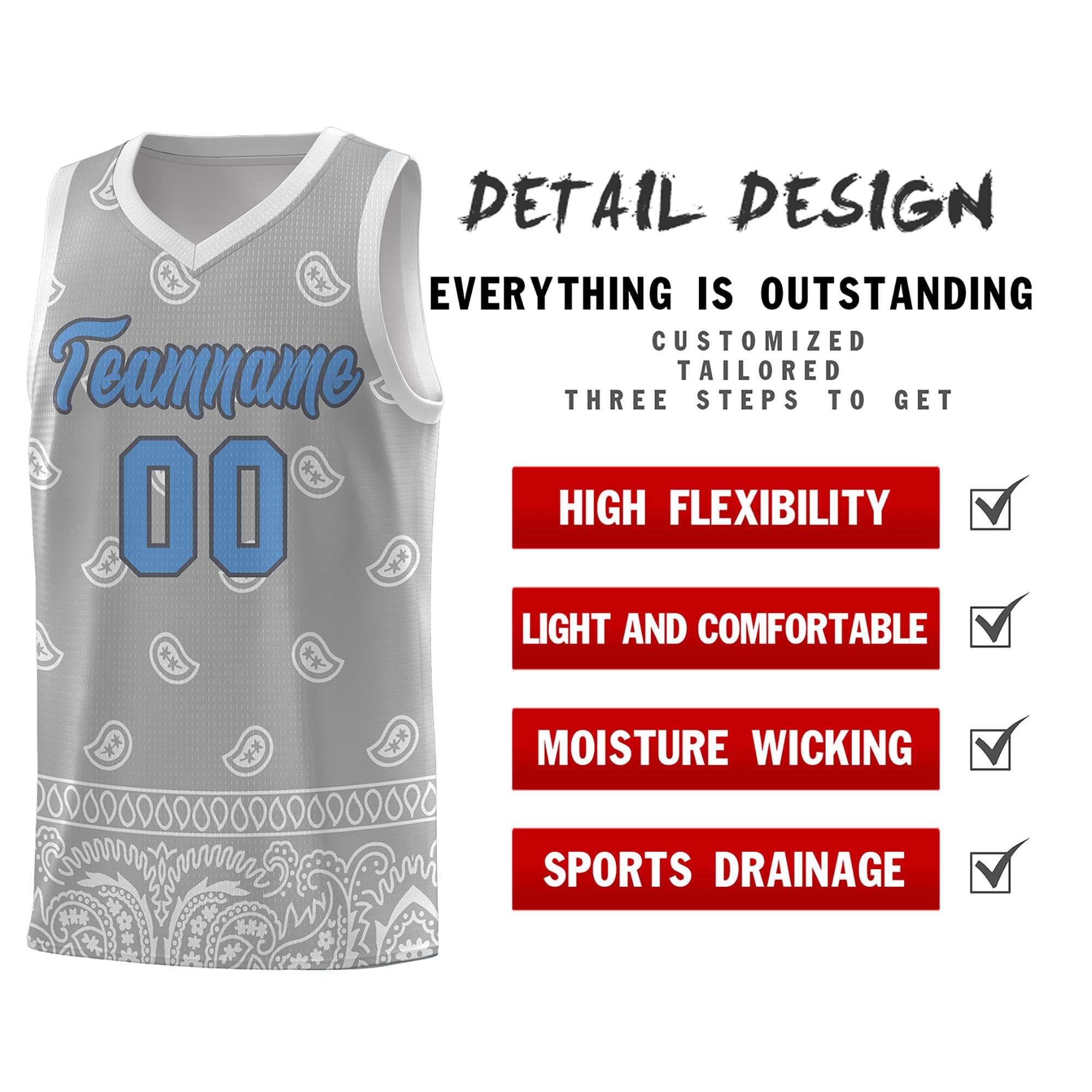 Custom Gray Light Gray Personalized Cashew Pattern Sports Uniform Basketball Jersey