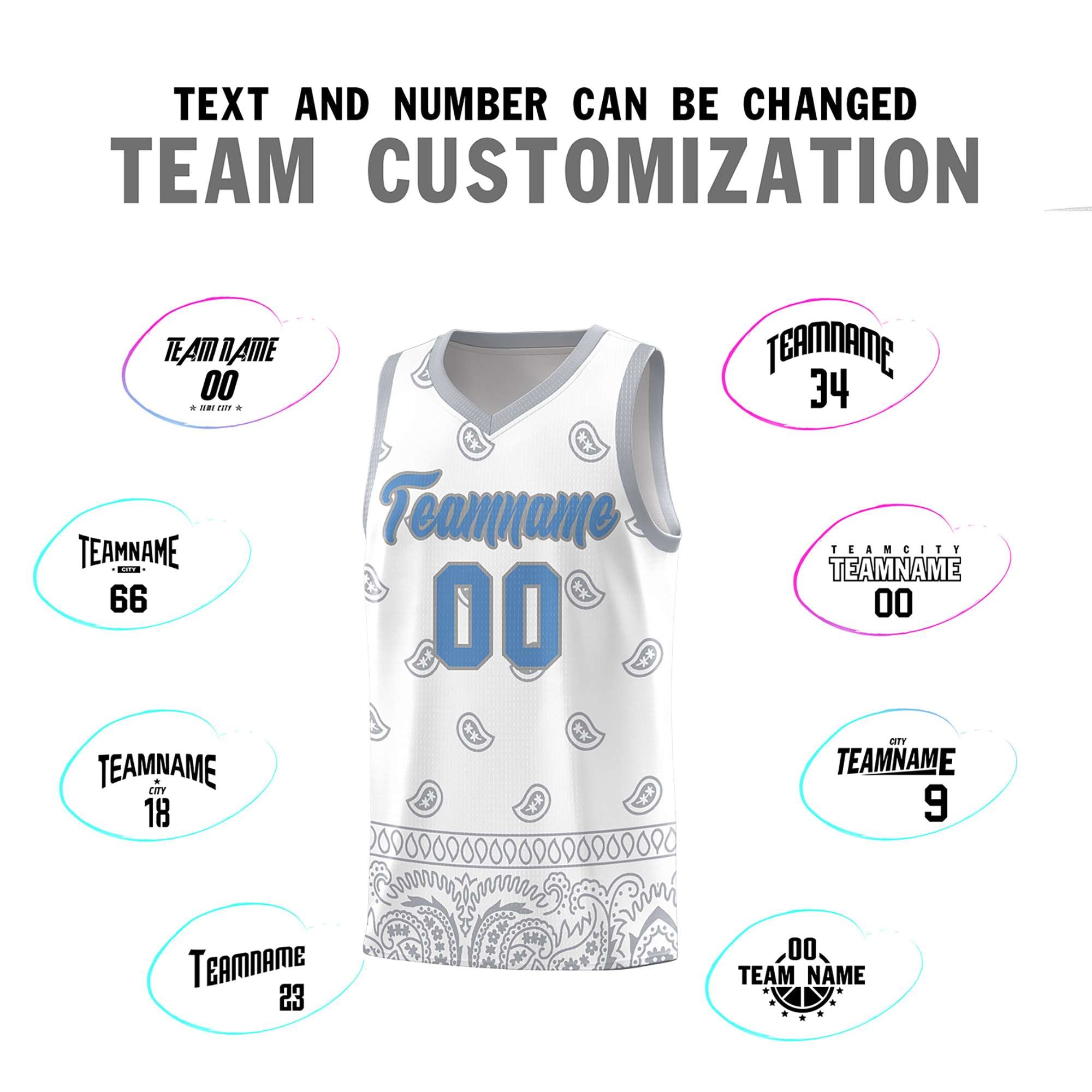 Custom White Gray Personalized Cashew Pattern Sports Uniform Basketball Jersey