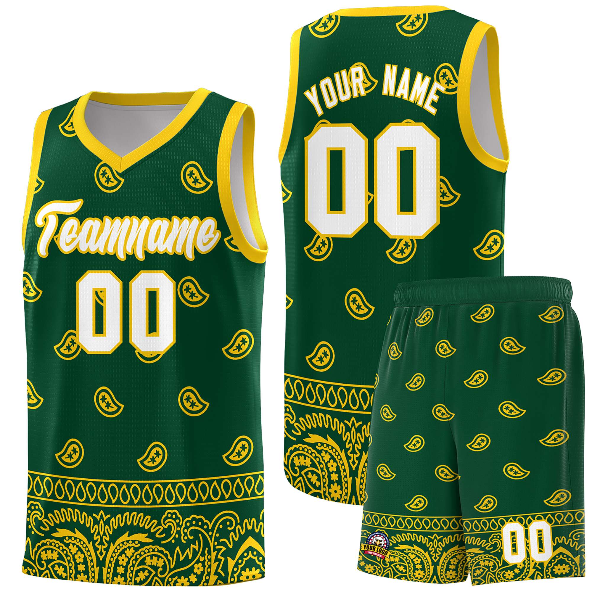 Custom Gold Green Personalized Cashew Pattern Sports Uniform Basketball Jersey