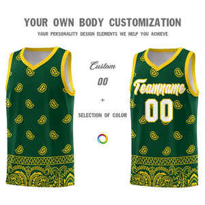 Custom Gold Green Personalized Cashew Pattern Sports Uniform Basketball Jersey