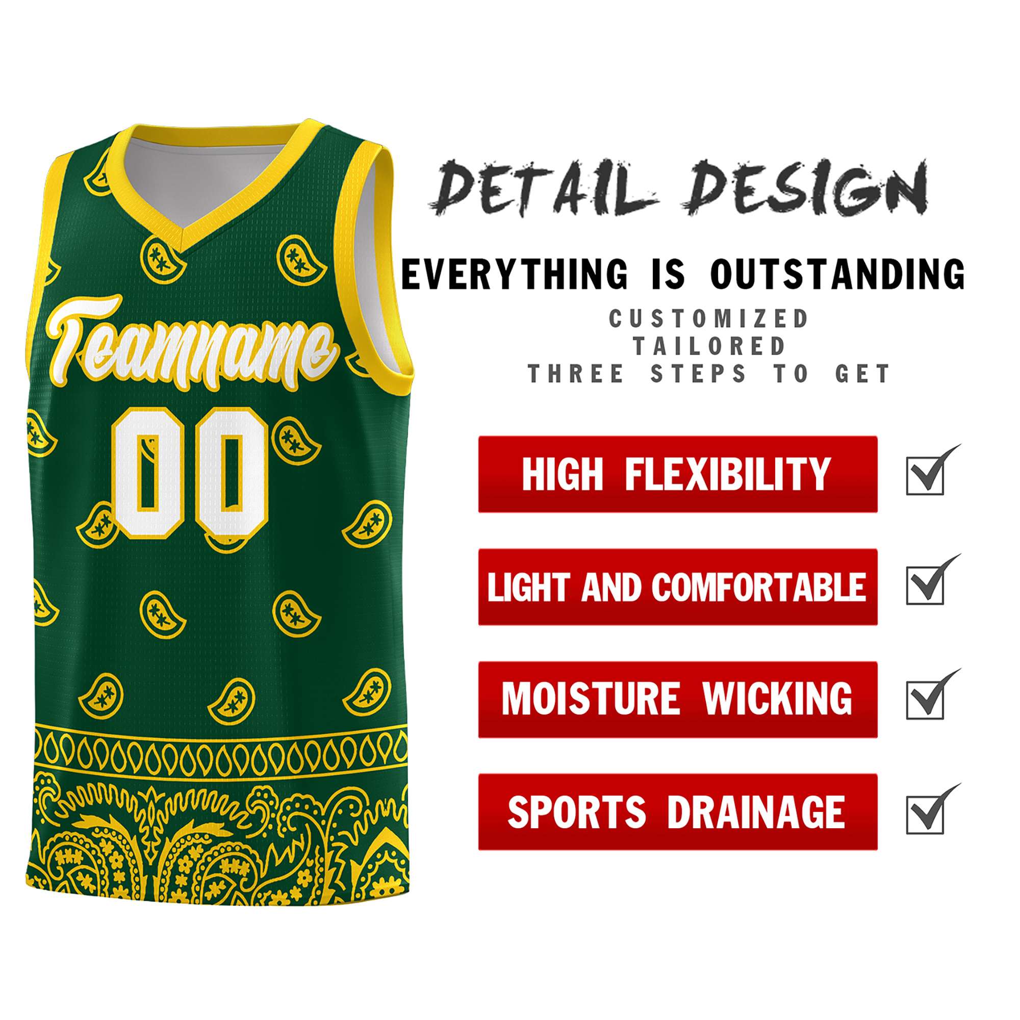 Custom Gold Green Personalized Cashew Pattern Sports Uniform Basketball Jersey