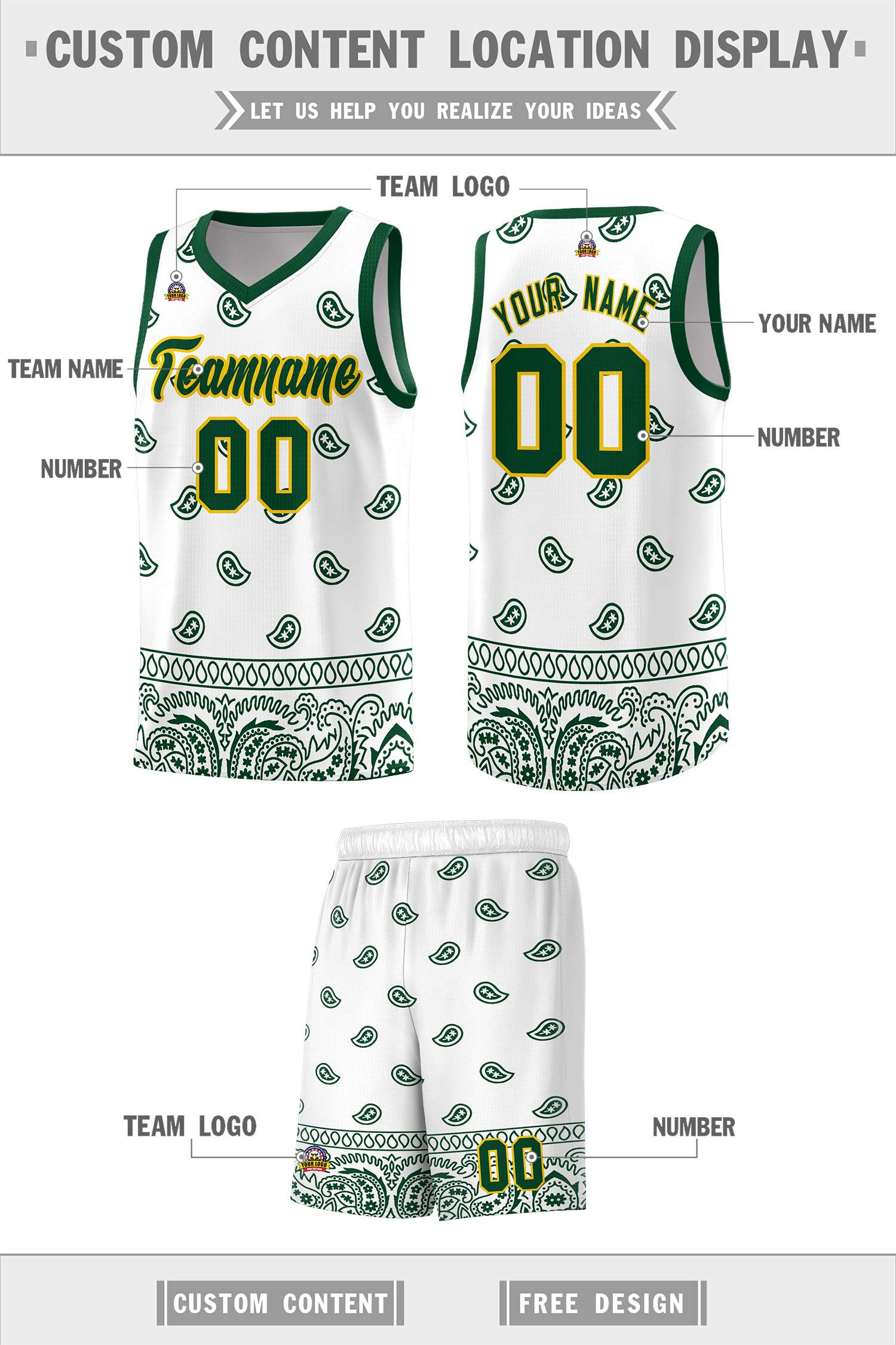 Custom Green White Personalized Cashew Pattern Sports Uniform Basketball Jersey