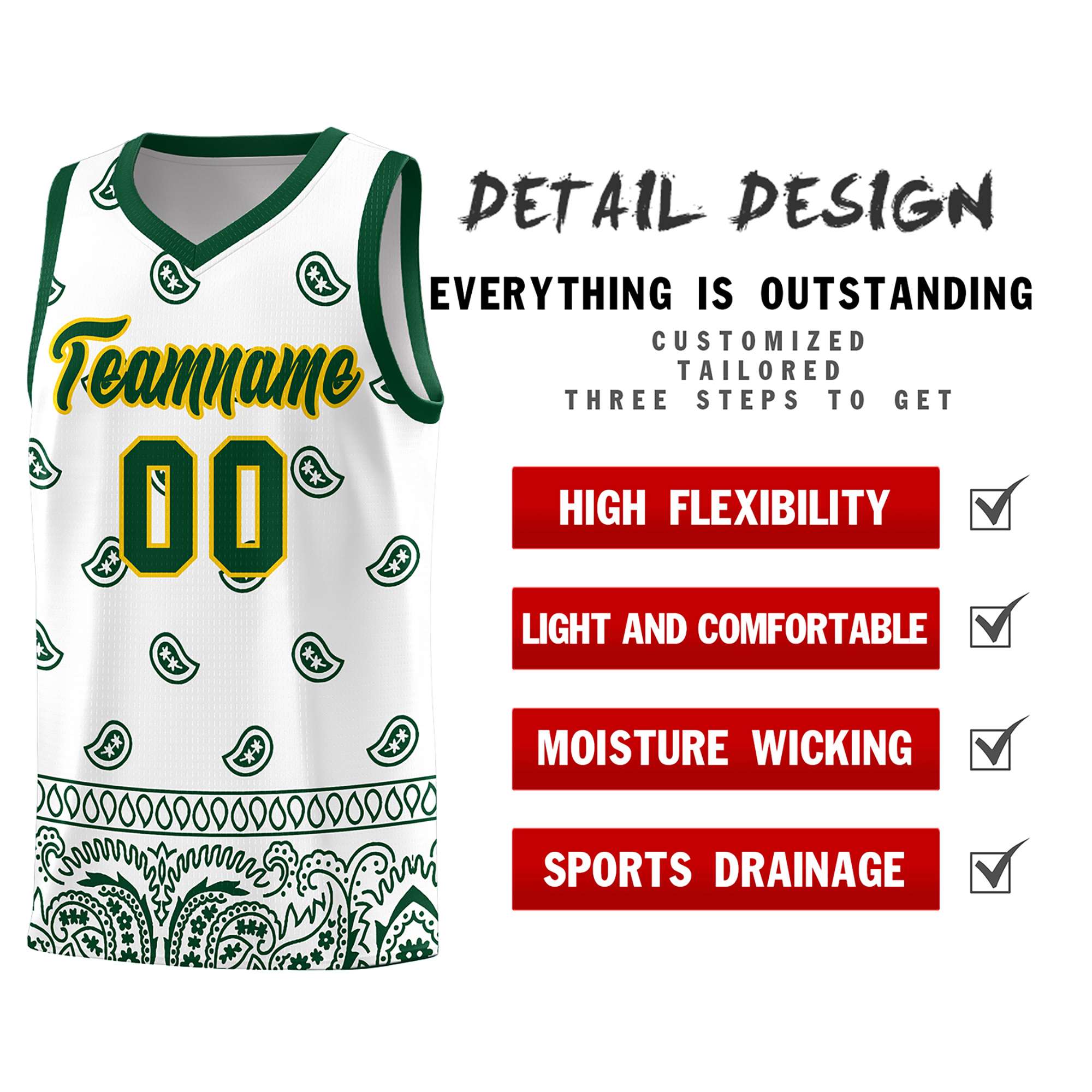 Custom Green White Personalized Cashew Pattern Sports Uniform Basketball Jersey