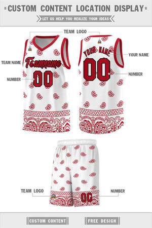 Custom White Red Personalized Cashew Pattern Sports Uniform Basketball Jersey