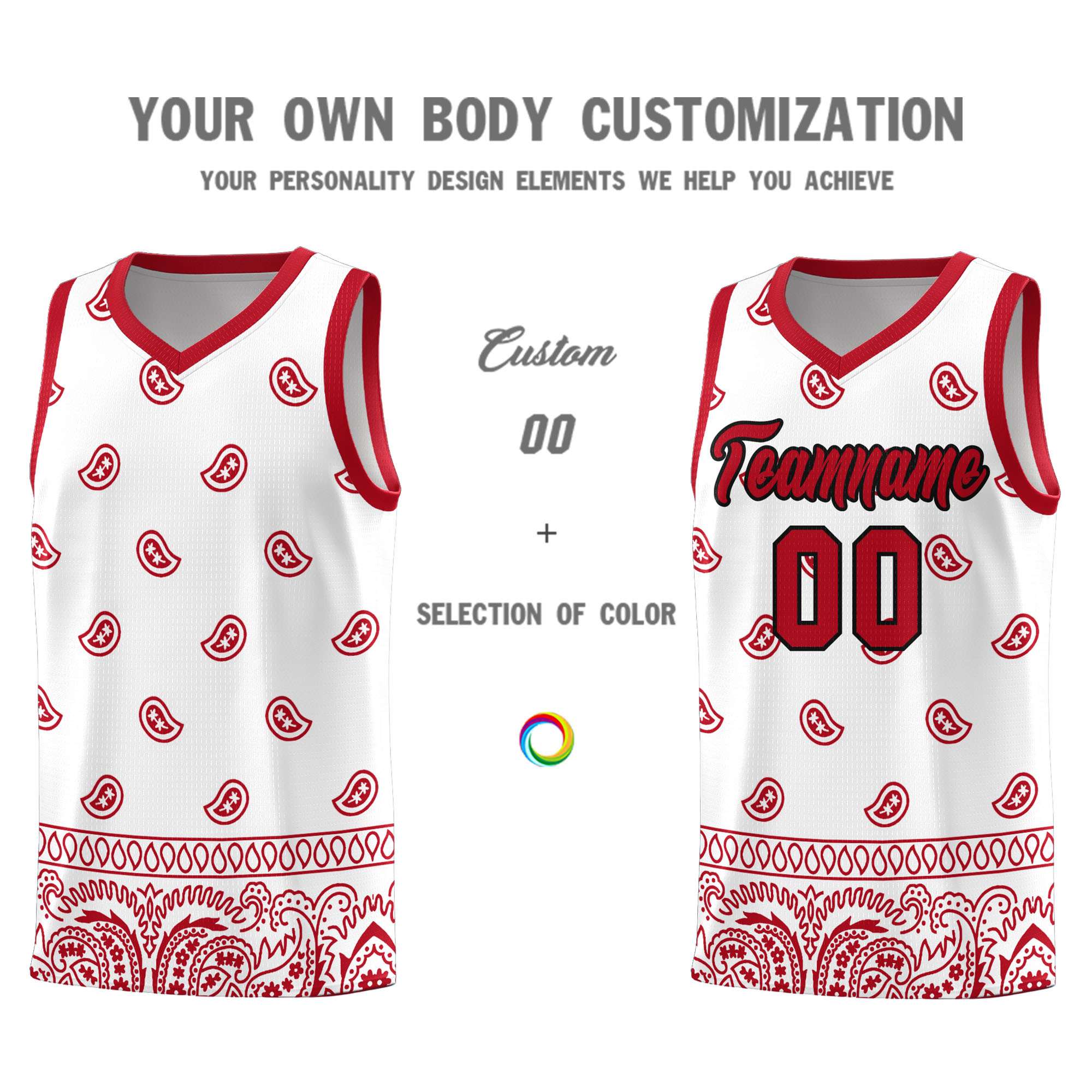 Custom White Red Personalized Cashew Pattern Sports Uniform Basketball Jersey