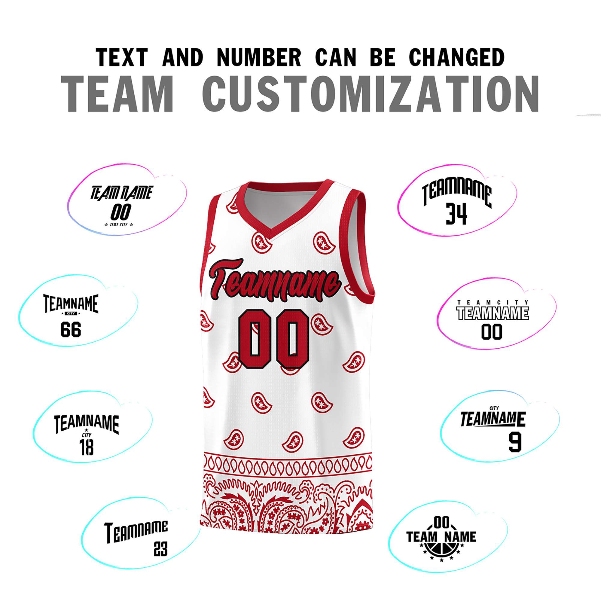 Custom White Red Personalized Cashew Pattern Sports Uniform Basketball Jersey