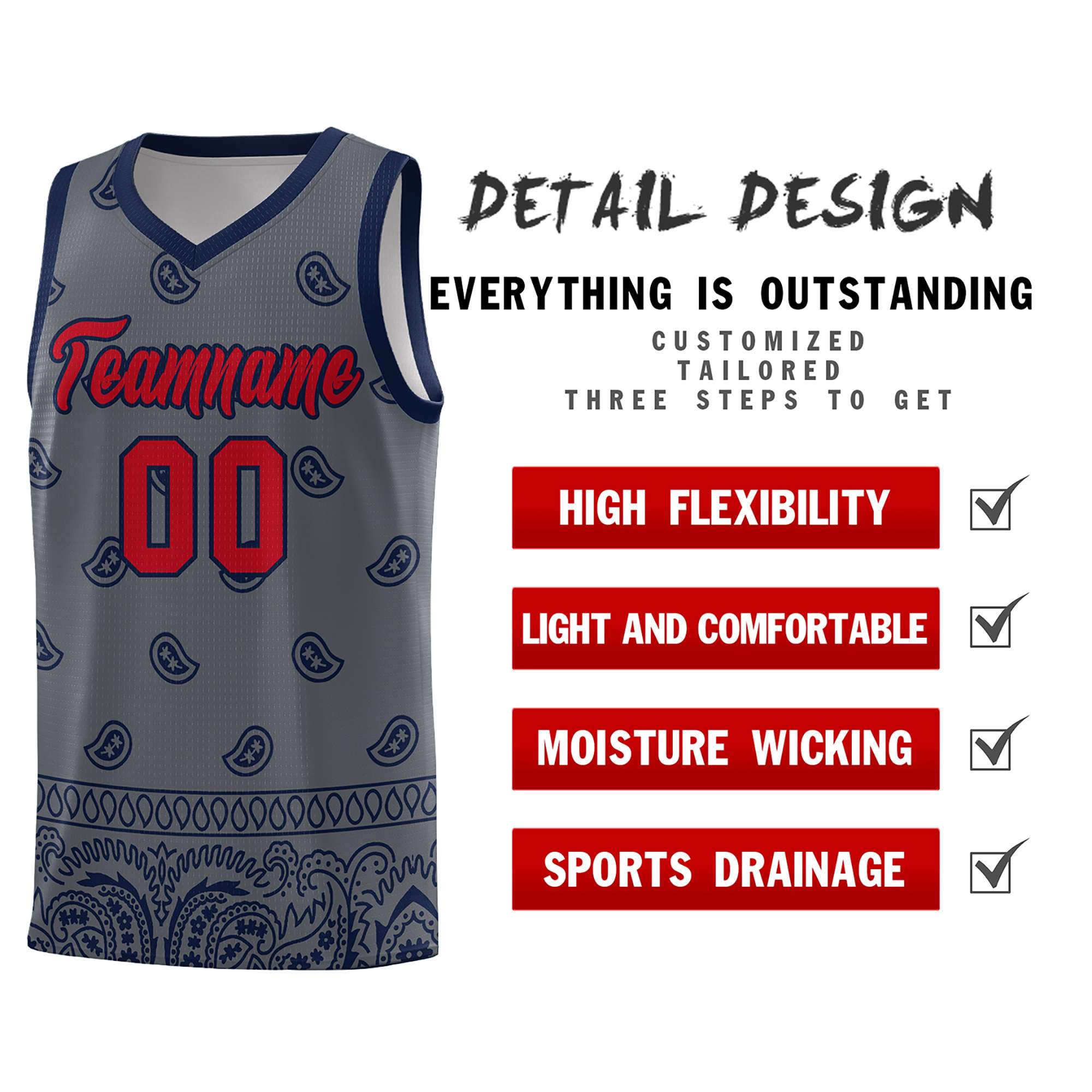 Custom Dark Gray Navy Personalized Cashew Pattern Sports Uniform Basketball Jersey