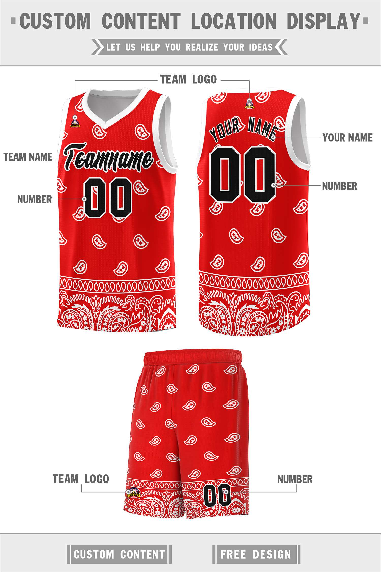 Custom Red White Personalized Cashew Pattern Sports Uniform Basketball Jersey