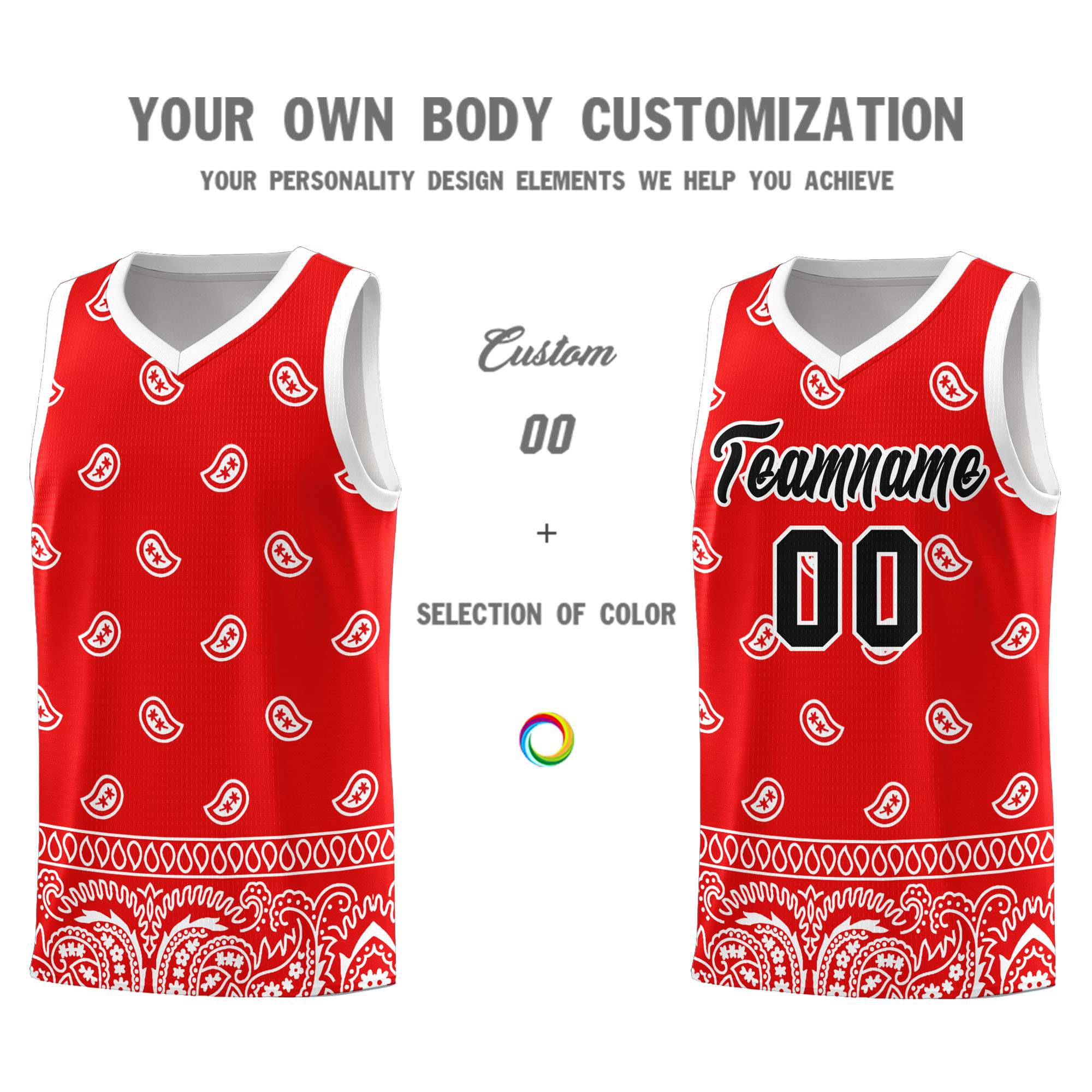 Custom Red White Personalized Cashew Pattern Sports Uniform Basketball Jersey