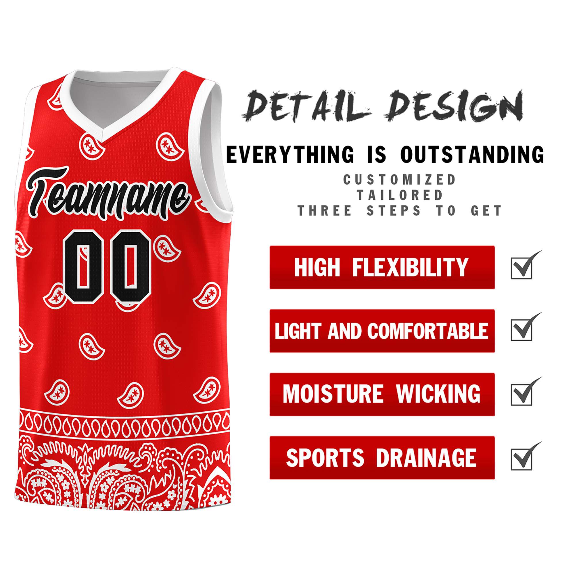 Custom Red White Personalized Cashew Pattern Sports Uniform Basketball Jersey