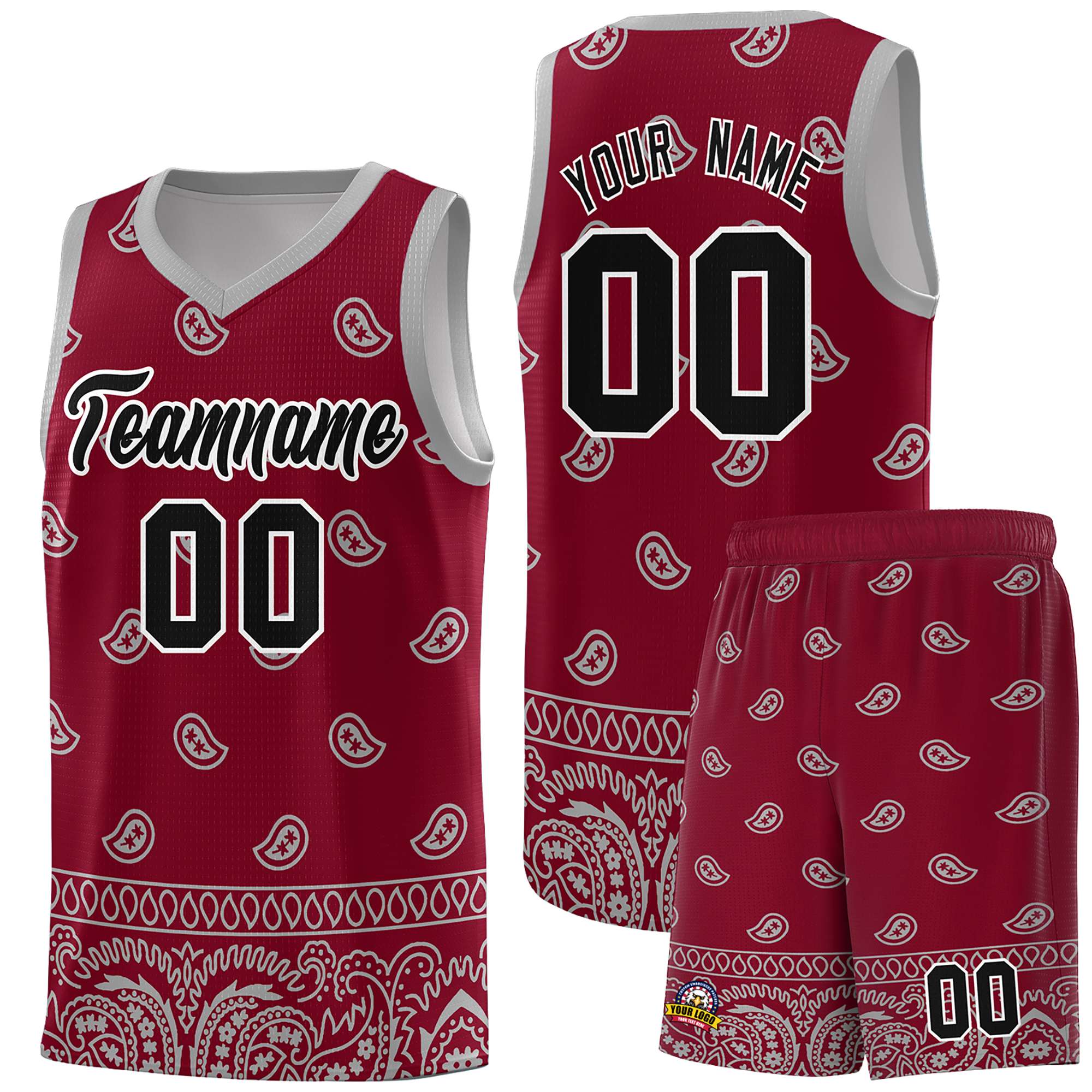 Custom Crimson Gray Personalized Cashew Pattern Sports Uniform Basketball Jersey