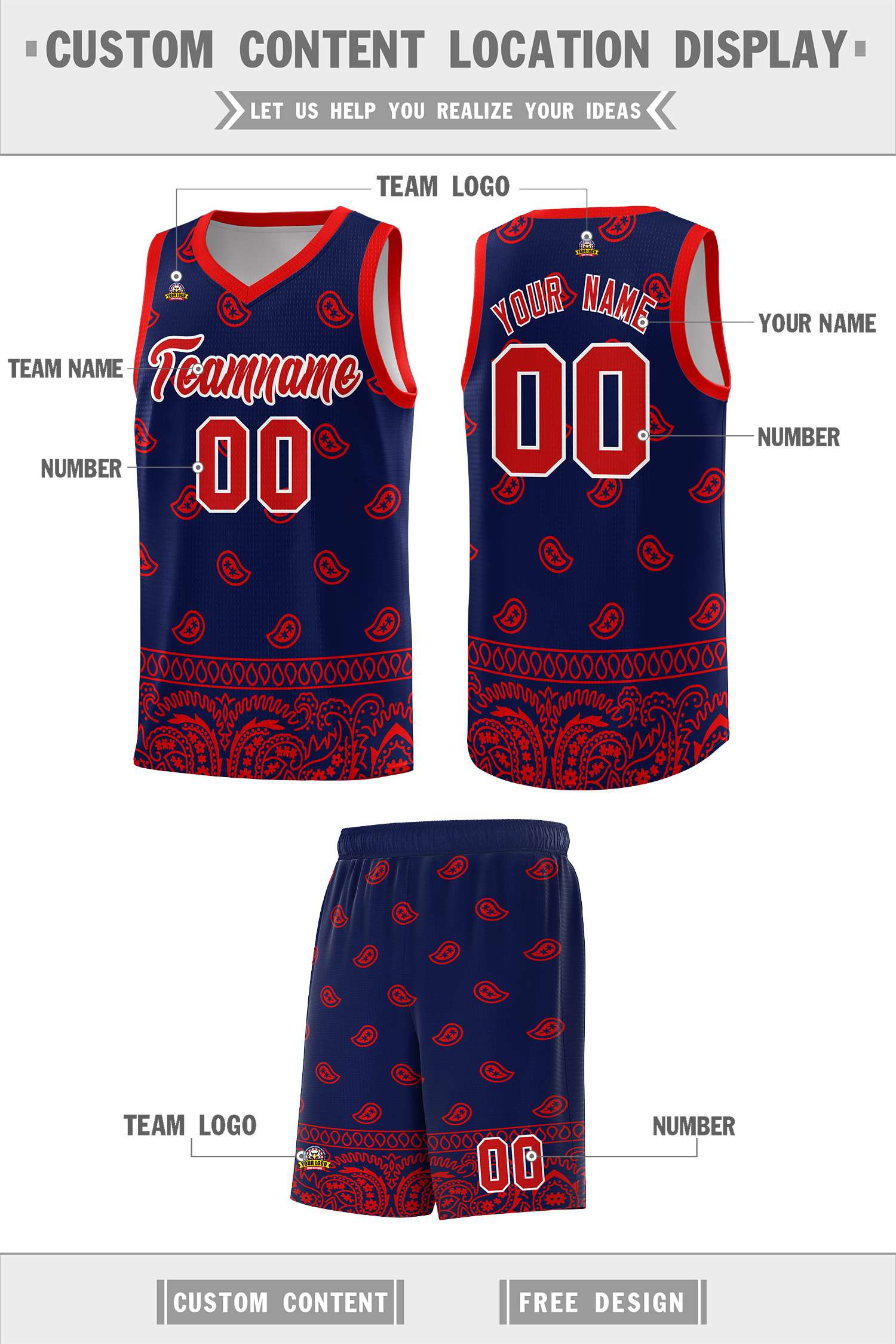 Custom Navy Red Personalized Cashew Pattern Sports Uniform Basketball Jersey