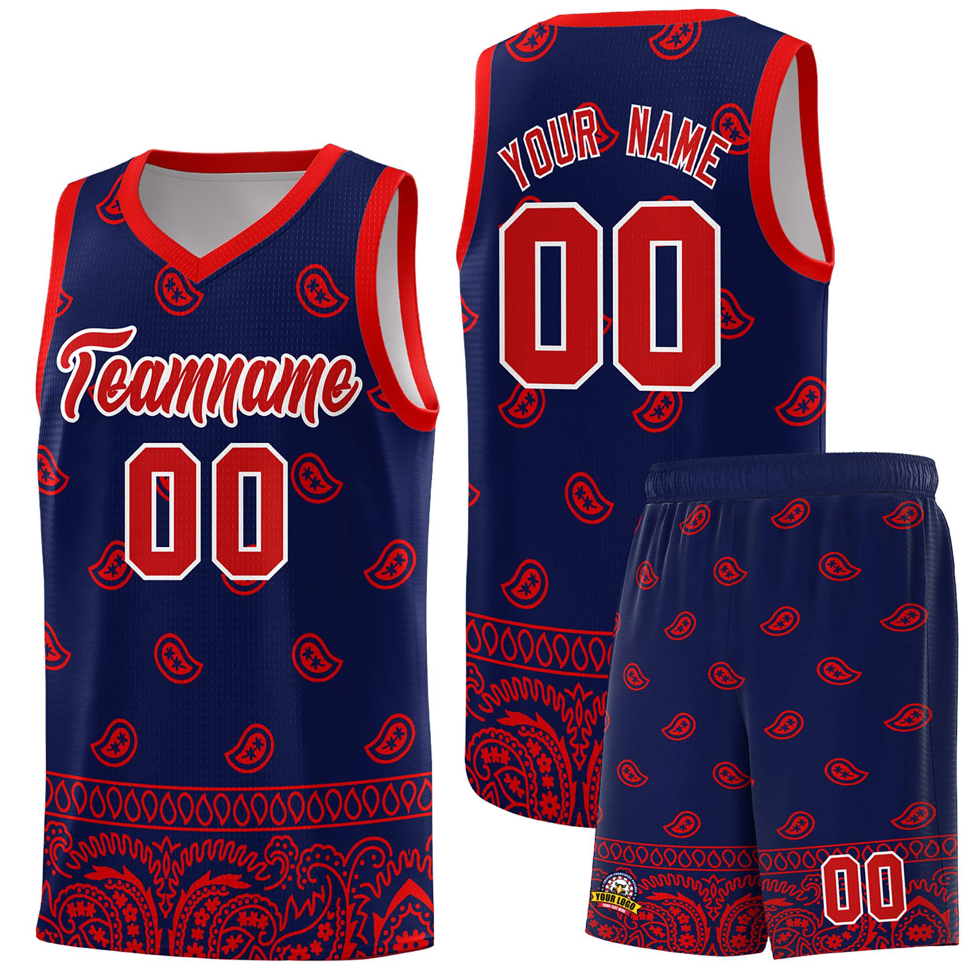 Custom Navy Red Personalized Cashew Pattern Sports Uniform Basketball Jersey