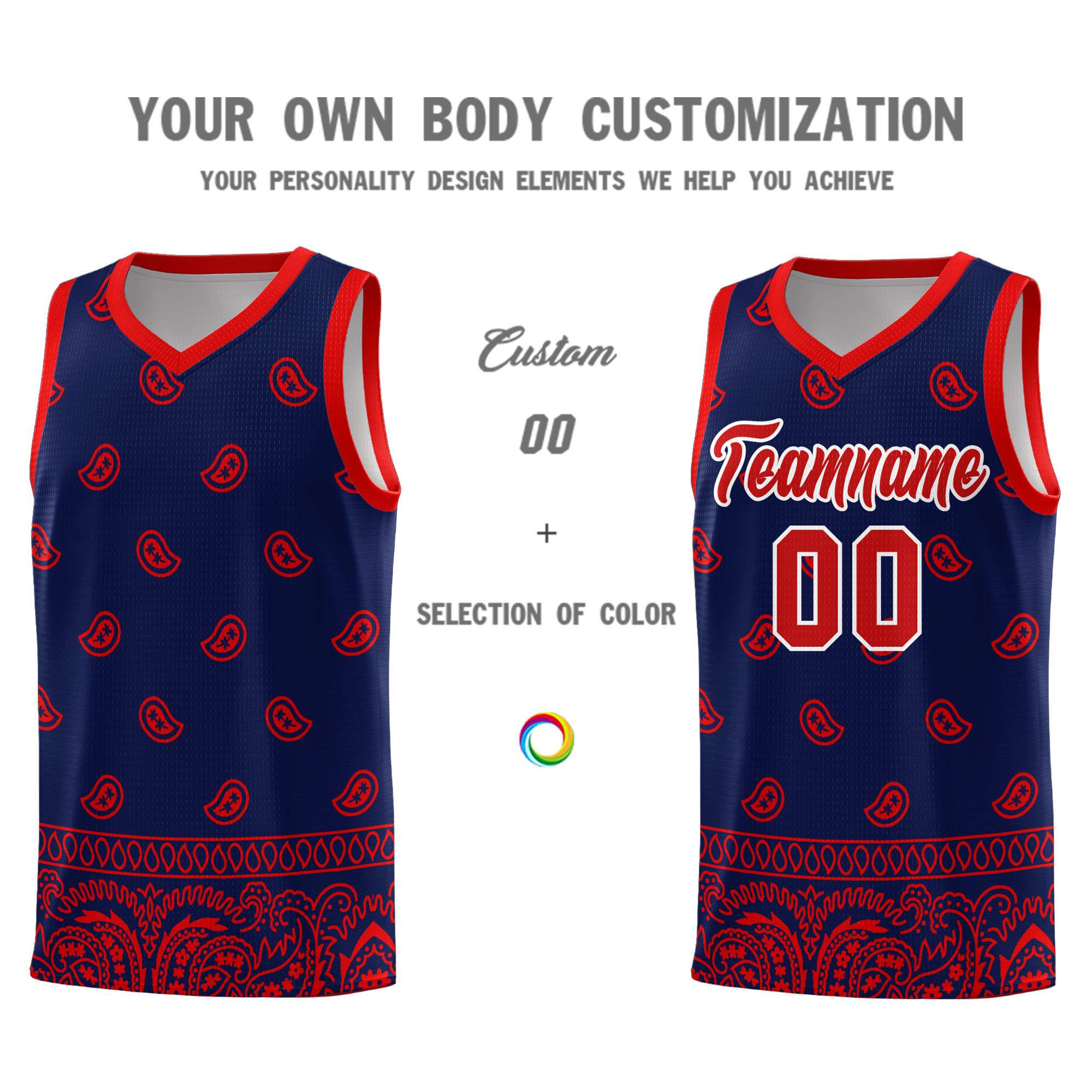 Custom Navy Red Personalized Cashew Pattern Sports Uniform Basketball Jersey