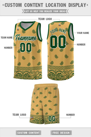 Custom Old Gold Green Personalized Cashew Pattern Sports Uniform Basketball Jersey