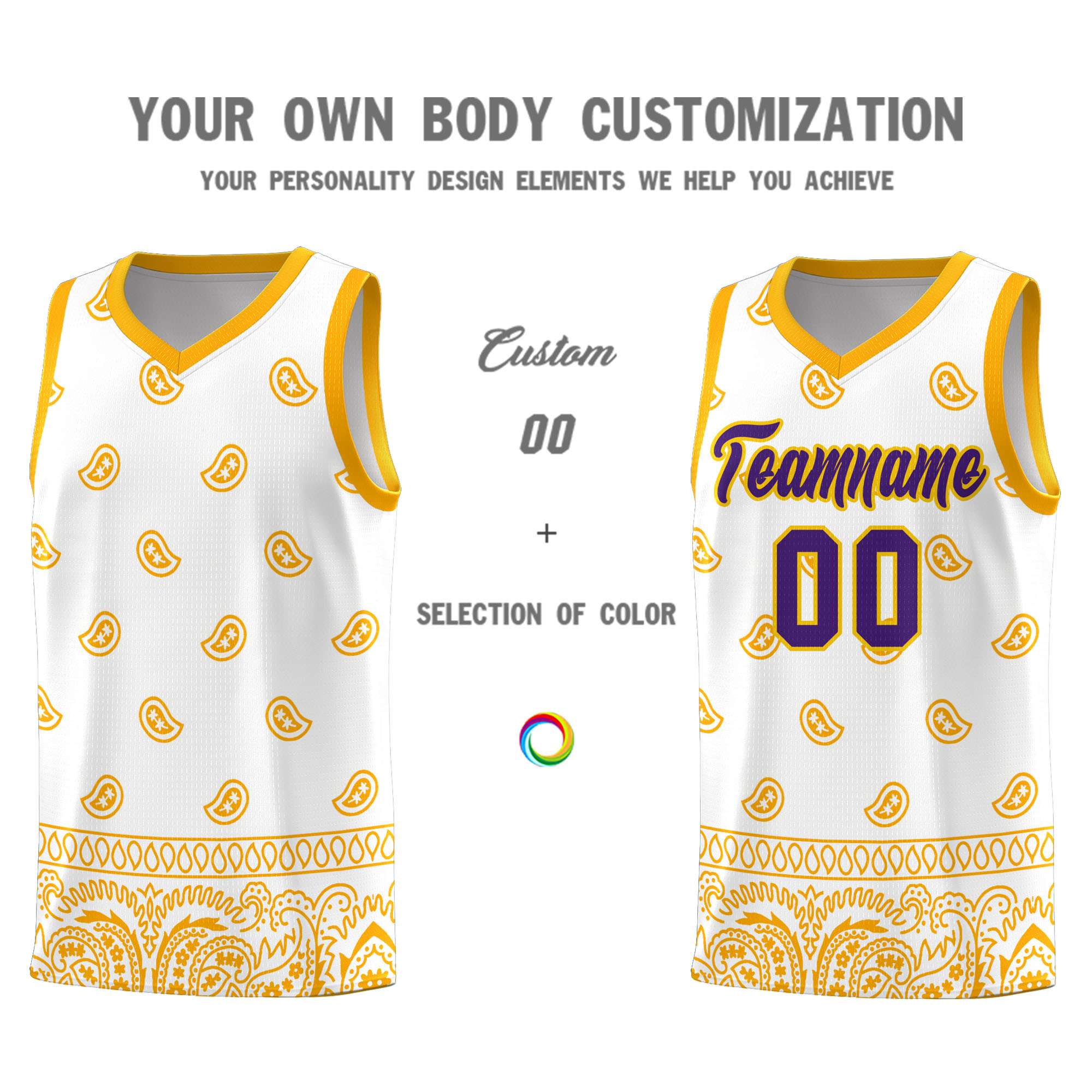 Custom White Yellow Personalized Cashew Pattern Sports Uniform Basketball Jersey