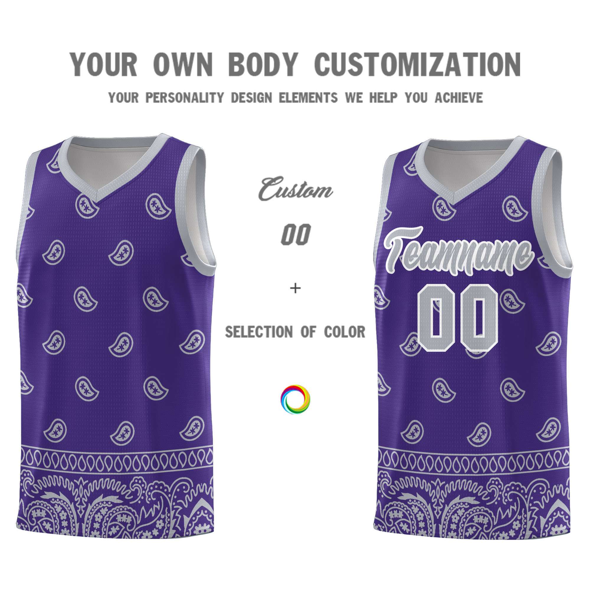 Custom Purple Gray Personalized Cashew Pattern Sports Uniform Basketball Jersey