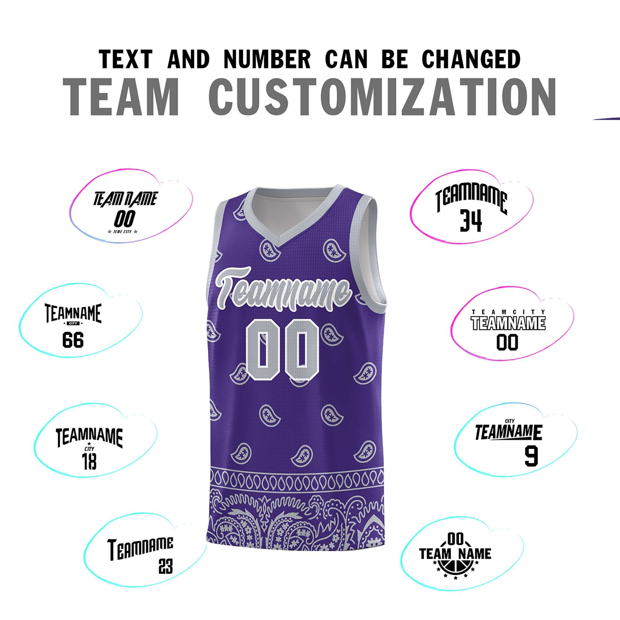 Custom Purple Gray Personalized Cashew Pattern Sports Uniform Basketball Jersey