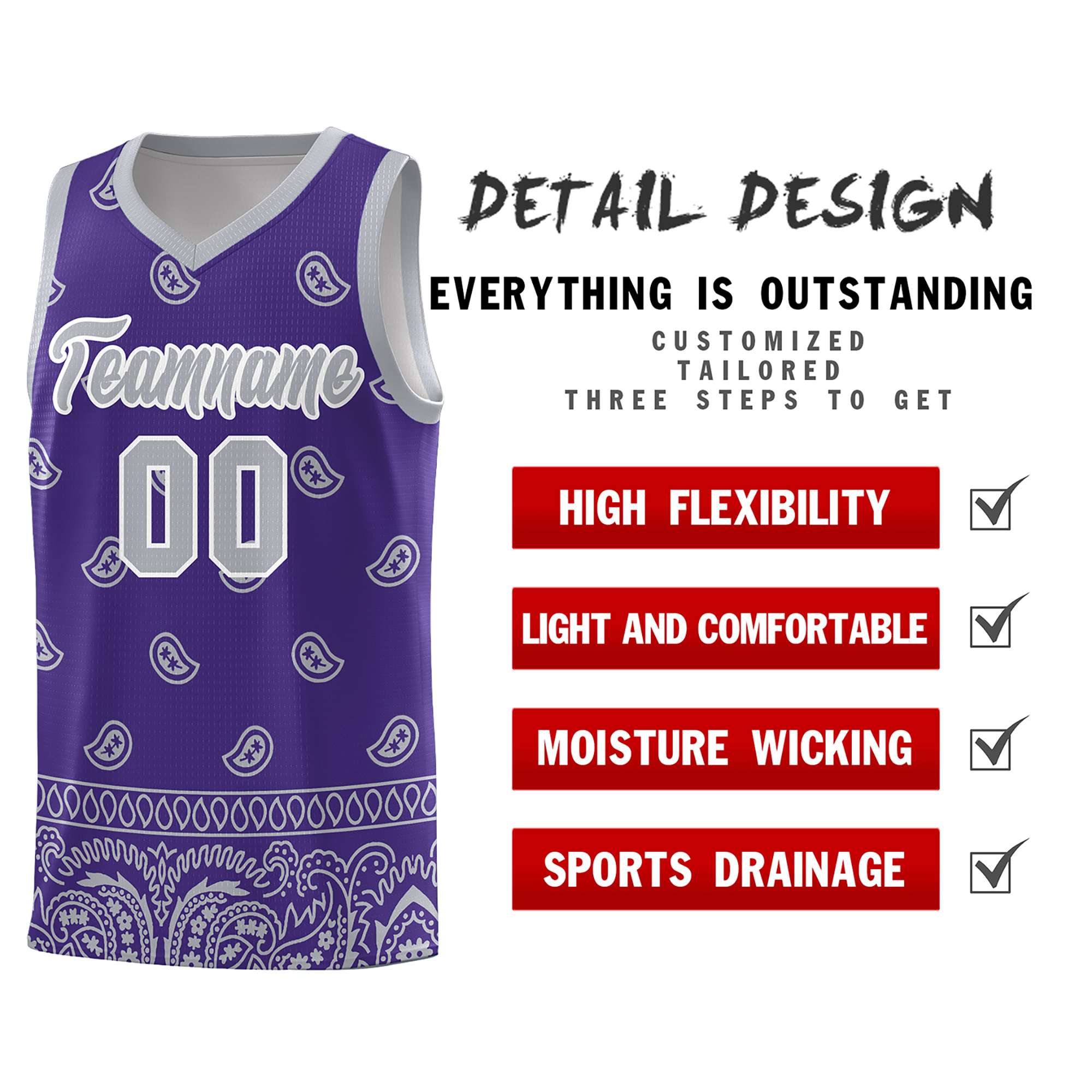 Custom Purple Gray Personalized Cashew Pattern Sports Uniform Basketball Jersey