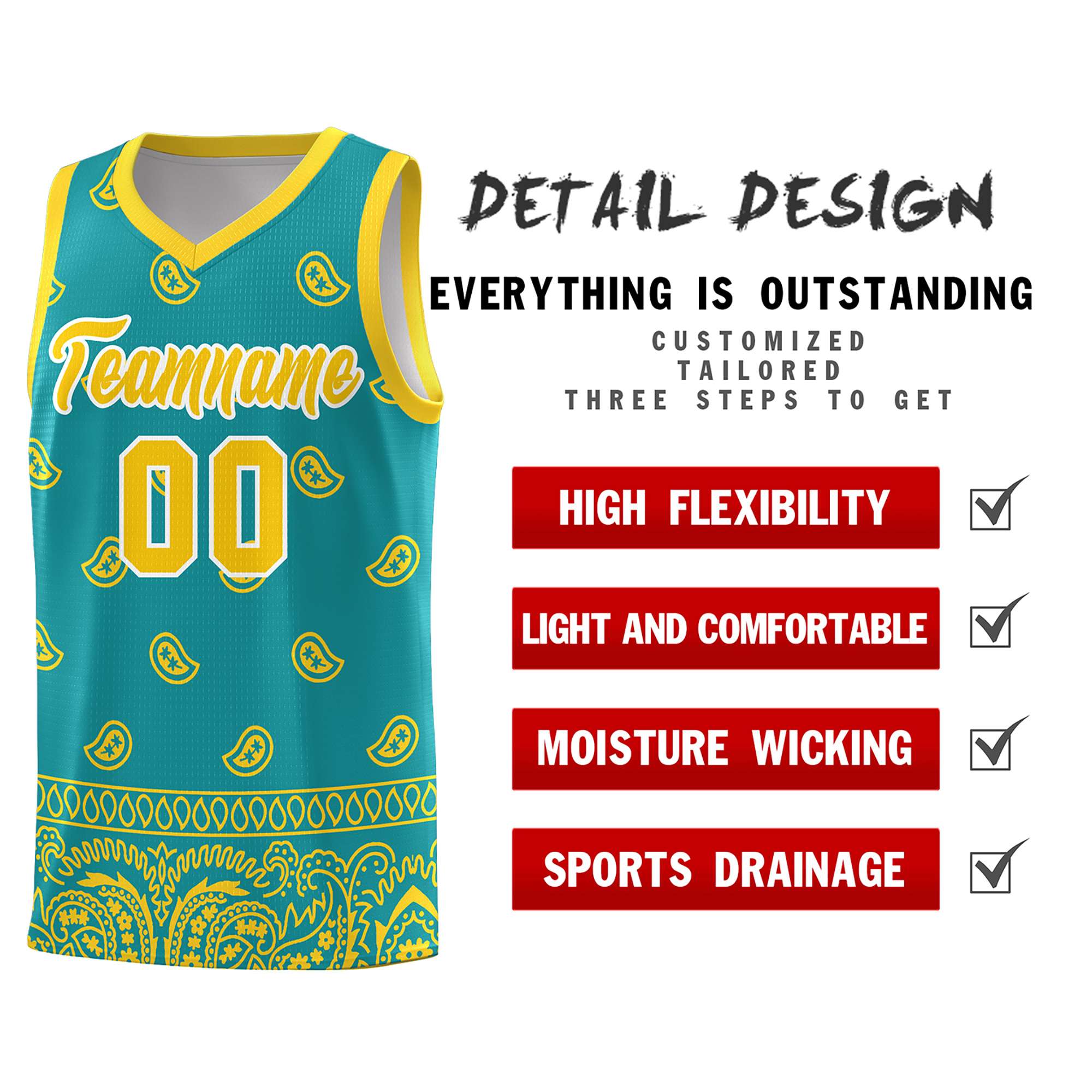 Custom Aqua Gold Personalized Cashew Pattern Sports Uniform Basketball Jersey