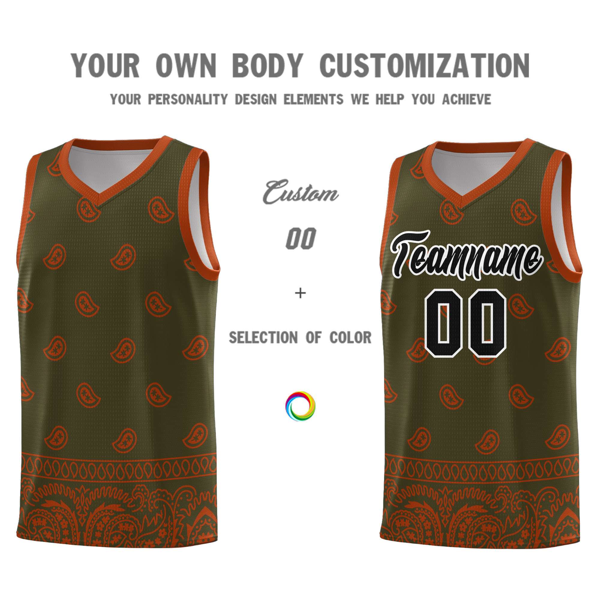 Custom Olive Texas Orange Personalized Cashew Pattern Sports Uniform Basketball Jersey