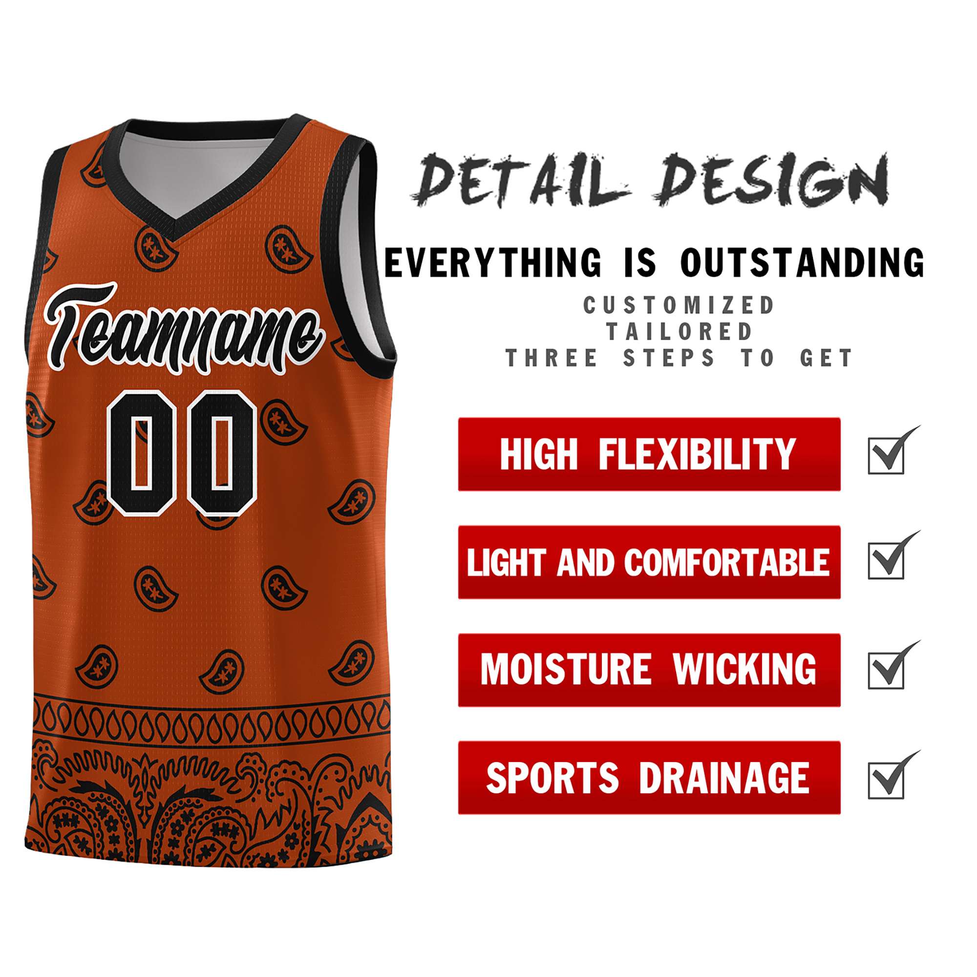 Custom Texas Orange Black Personalized Cashew Pattern Sports Uniform Basketball Jersey