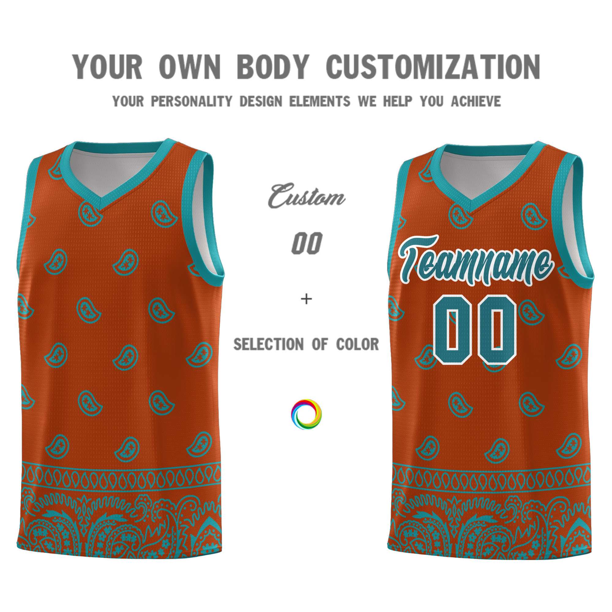 Custom Texas Orange Aqua Personalized Cashew Pattern Sports Uniform Basketball Jersey