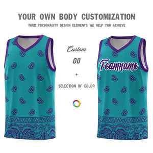 Custom Aqua Purple Personalized Cashew Pattern Sports Uniform Basketball Jersey