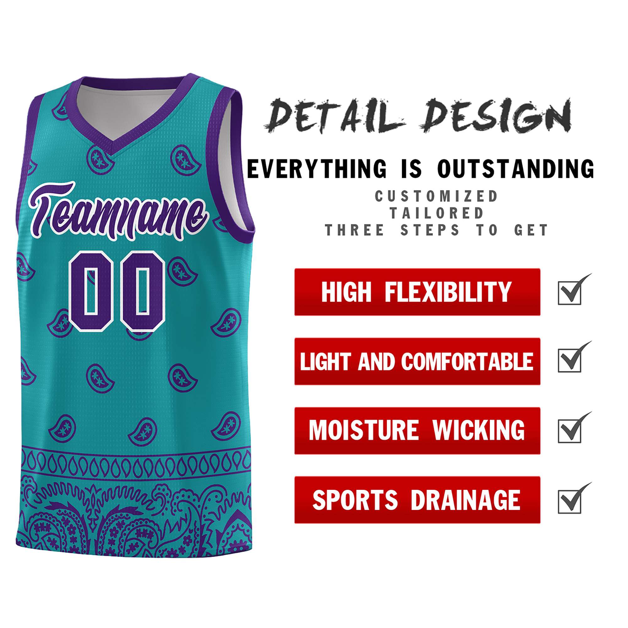 Custom Aqua Purple Personalized Cashew Pattern Sports Uniform Basketball Jersey