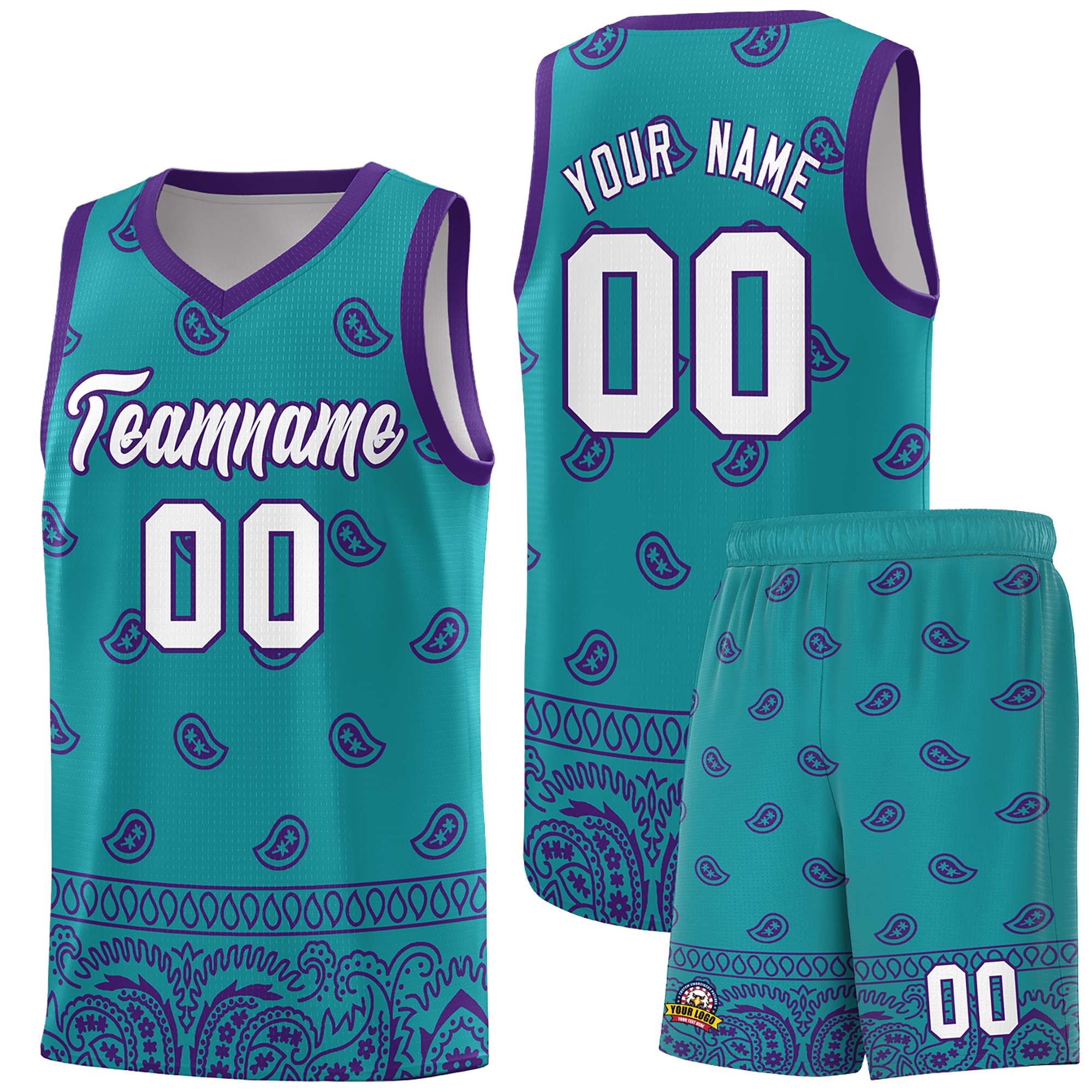 Custom Aqua Purple Personalized Cashew Pattern Sports Uniform Basketball Jersey