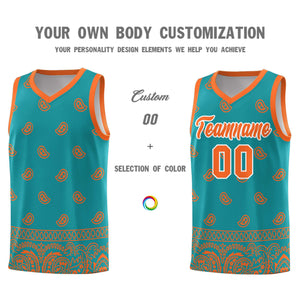 Custom Aqua Orange Personalized Cashew Pattern Sports Uniform Basketball Jersey