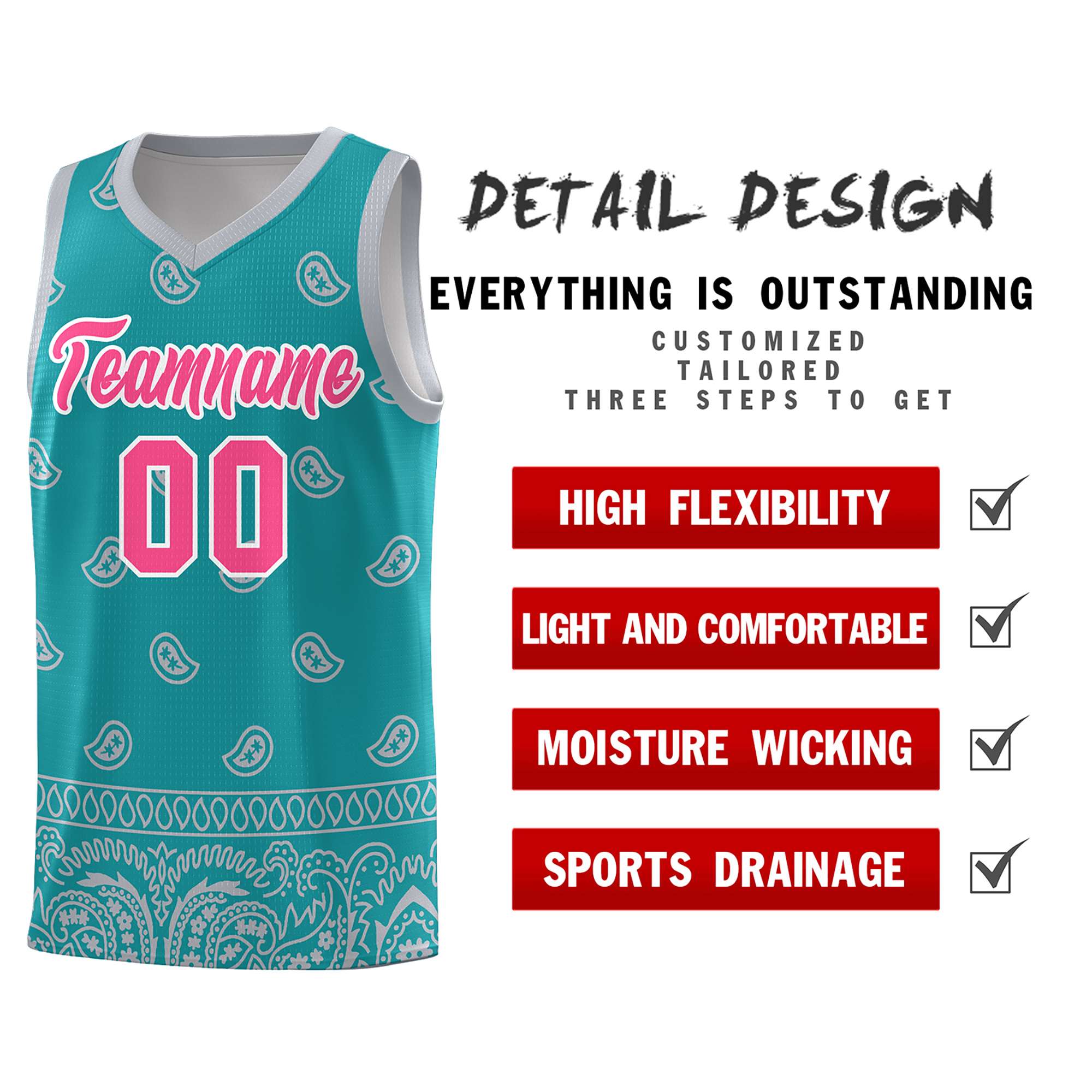 Custom Aqua Gray Personalized Cashew Pattern Sports Uniform Basketball Jersey