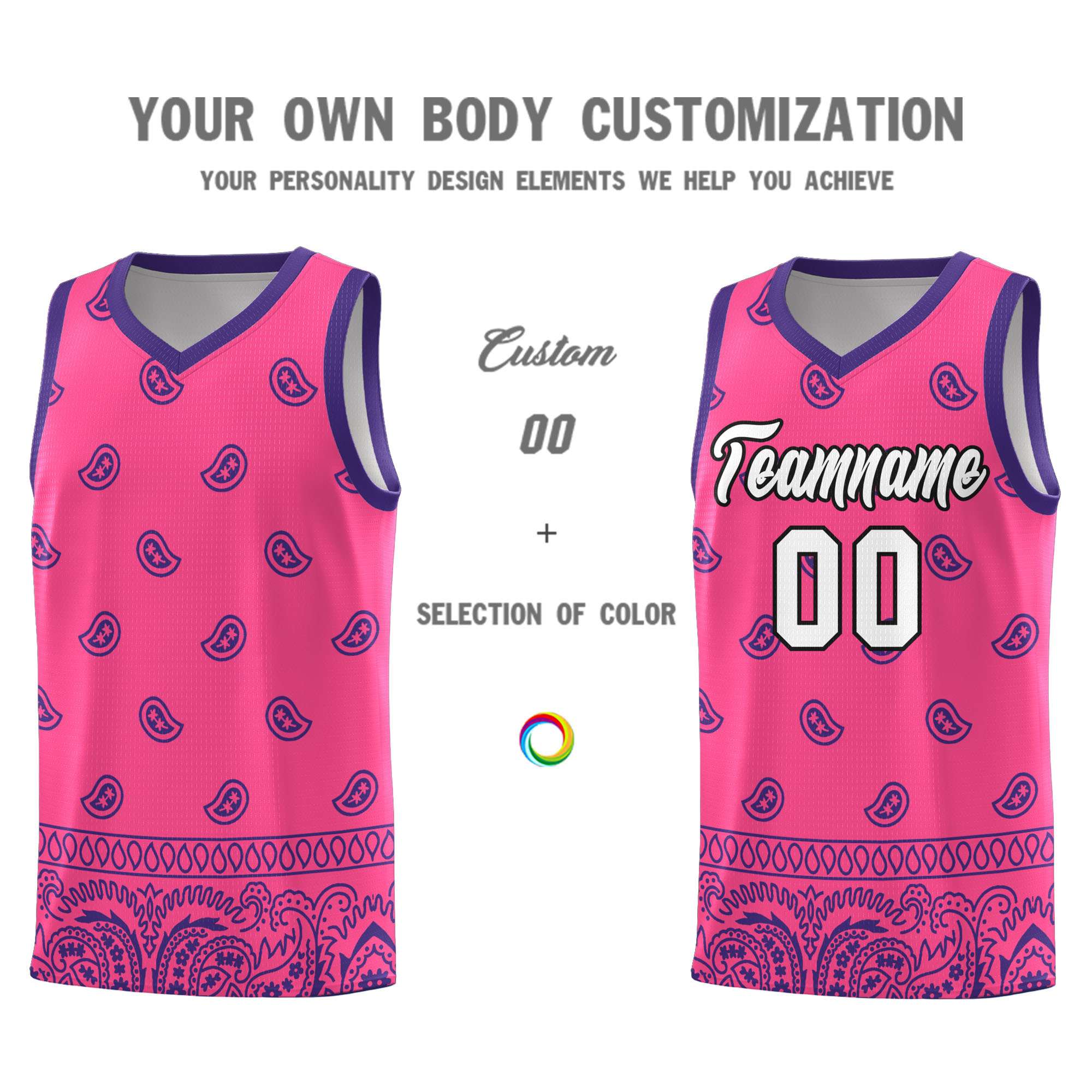 Custom Pink Purple Personalized Cashew Pattern Sports Uniform Basketball Jersey