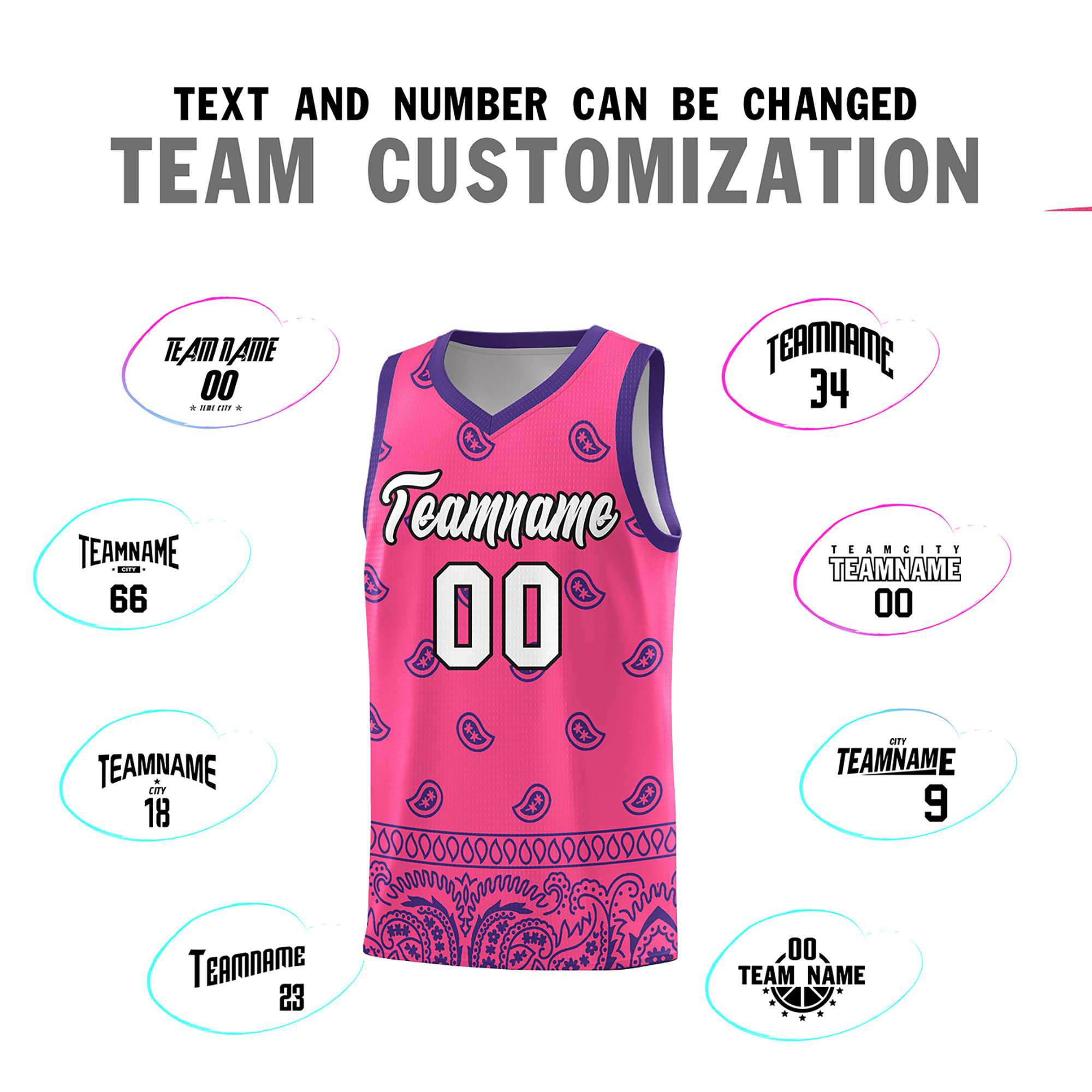 Custom Pink Purple Personalized Cashew Pattern Sports Uniform Basketball Jersey