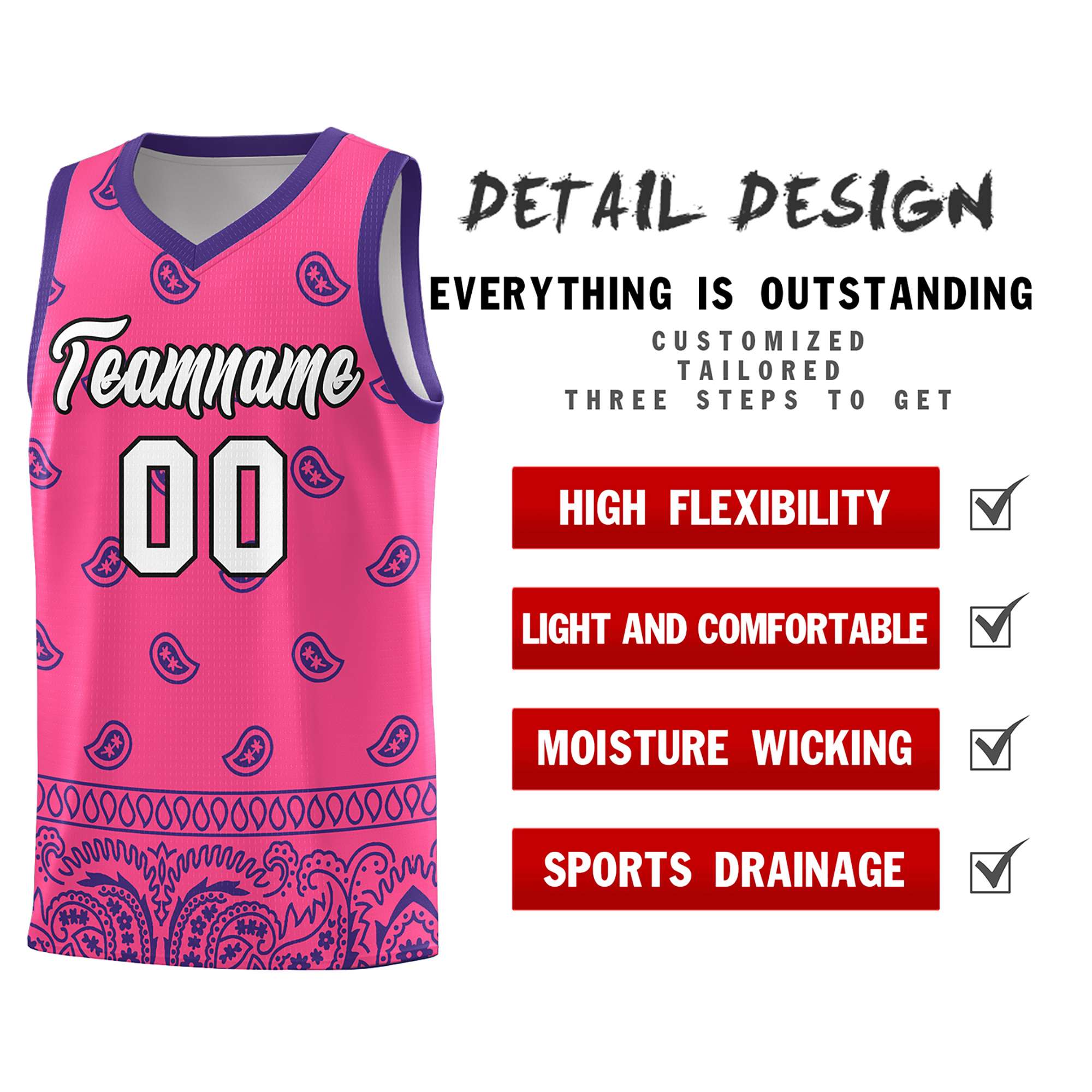 Custom Pink Purple Personalized Cashew Pattern Sports Uniform Basketball Jersey