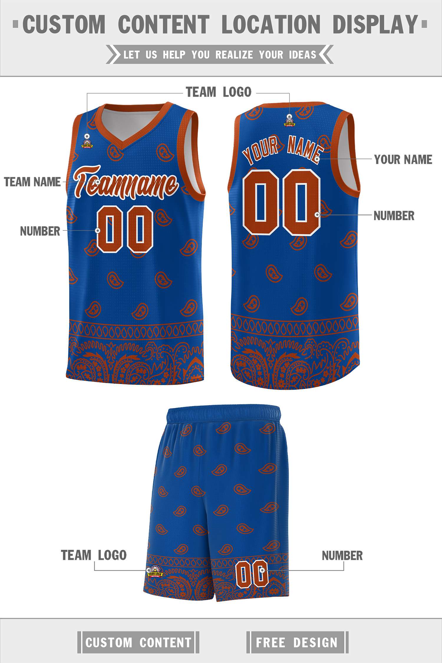 Custom Royal Texas Orange Personalized Cashew Pattern Sports Uniform Basketball Jersey