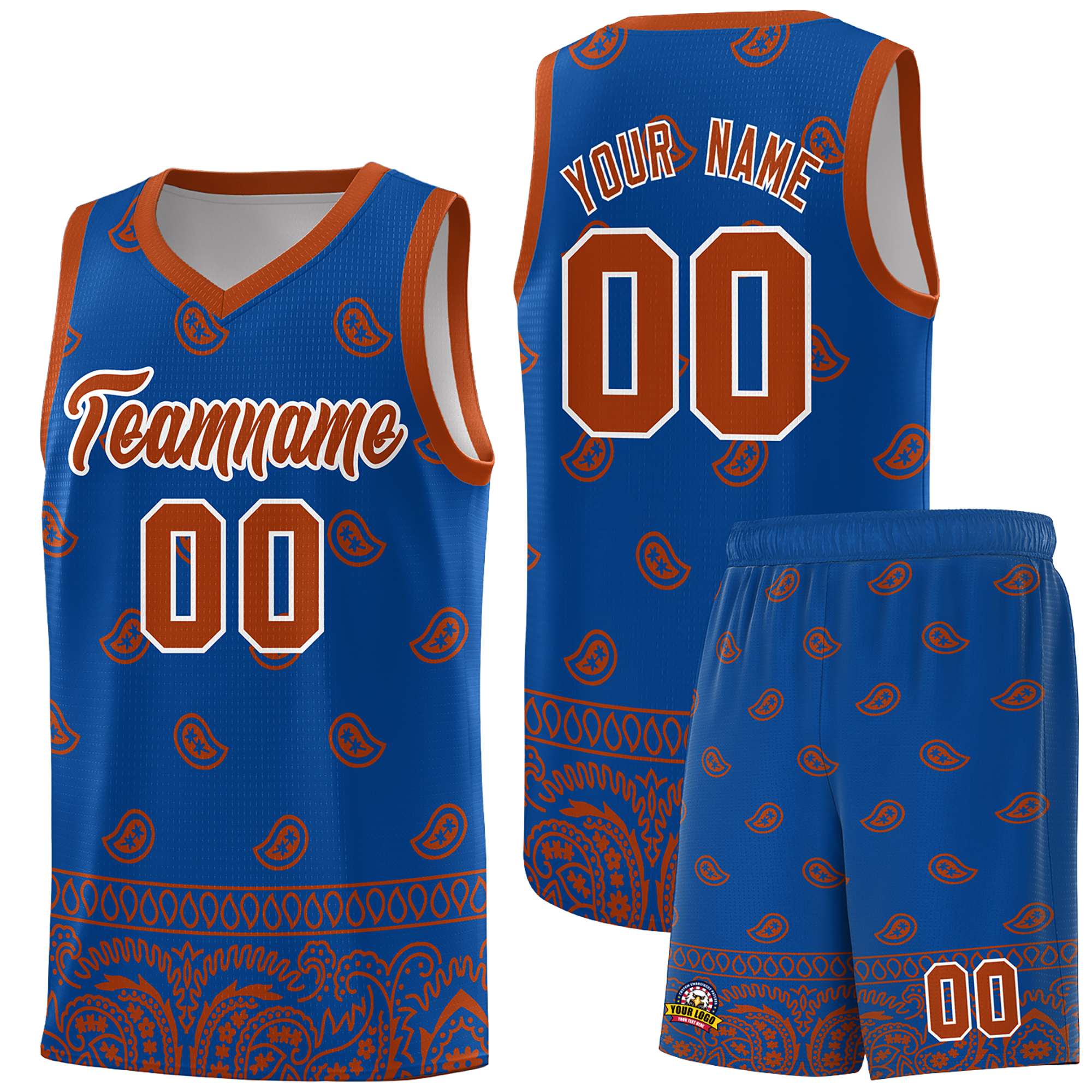 Custom Royal Texas Orange Personalized Cashew Pattern Sports Uniform Basketball Jersey