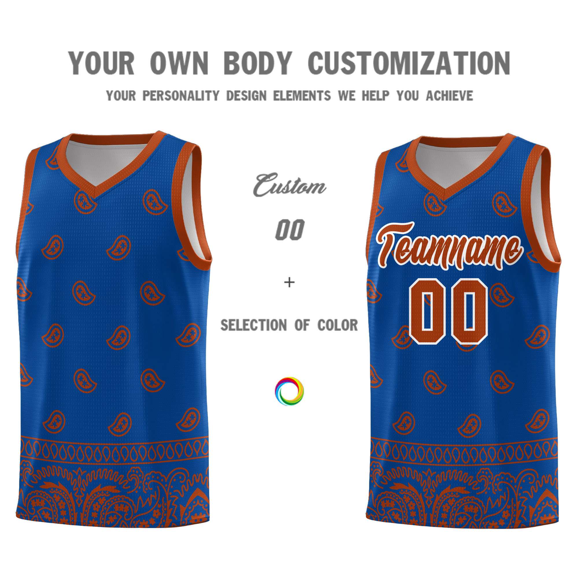 Custom Royal Texas Orange Personalized Cashew Pattern Sports Uniform Basketball Jersey