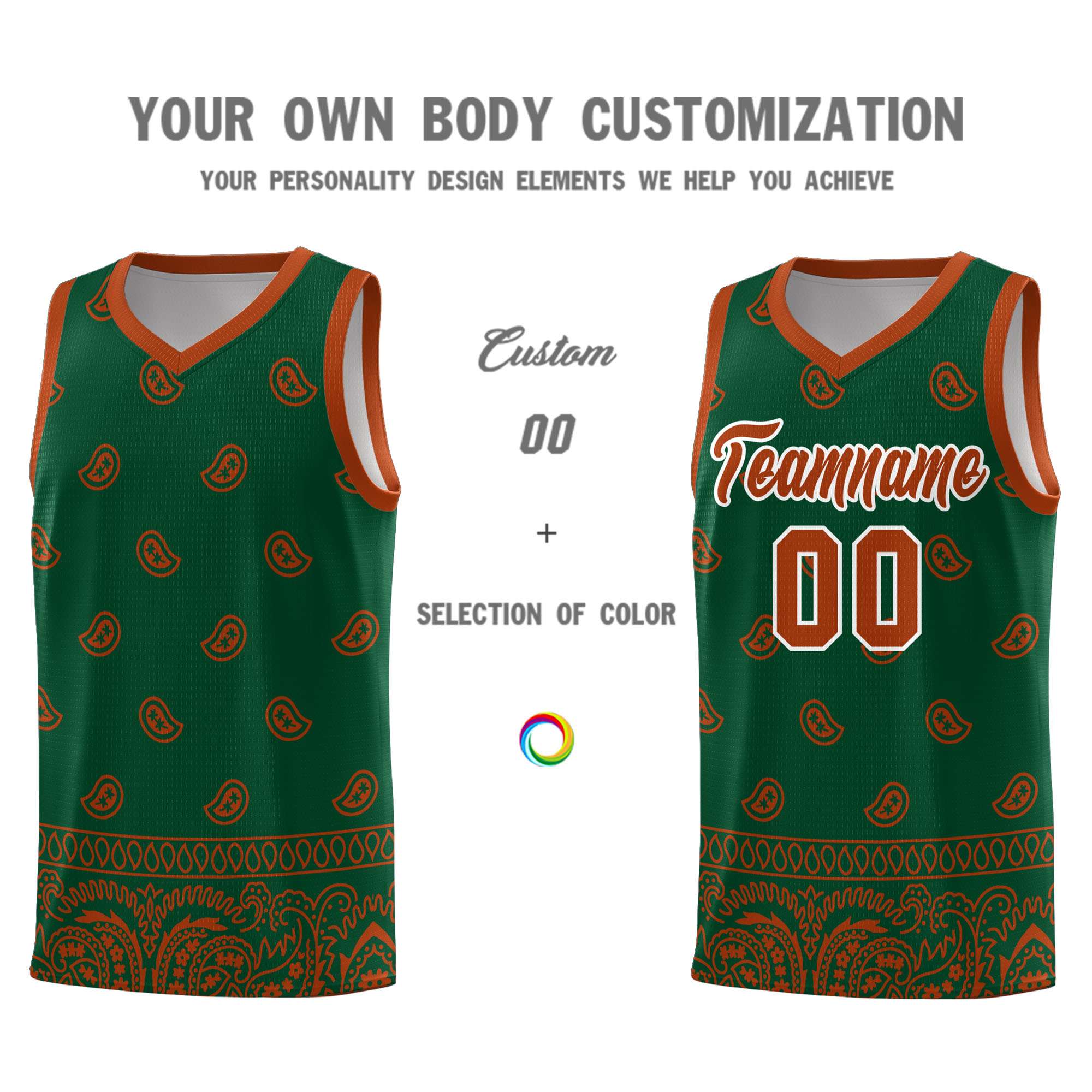 Custom Green Texas Orange Personalized Cashew Pattern Sports Uniform Basketball Jersey