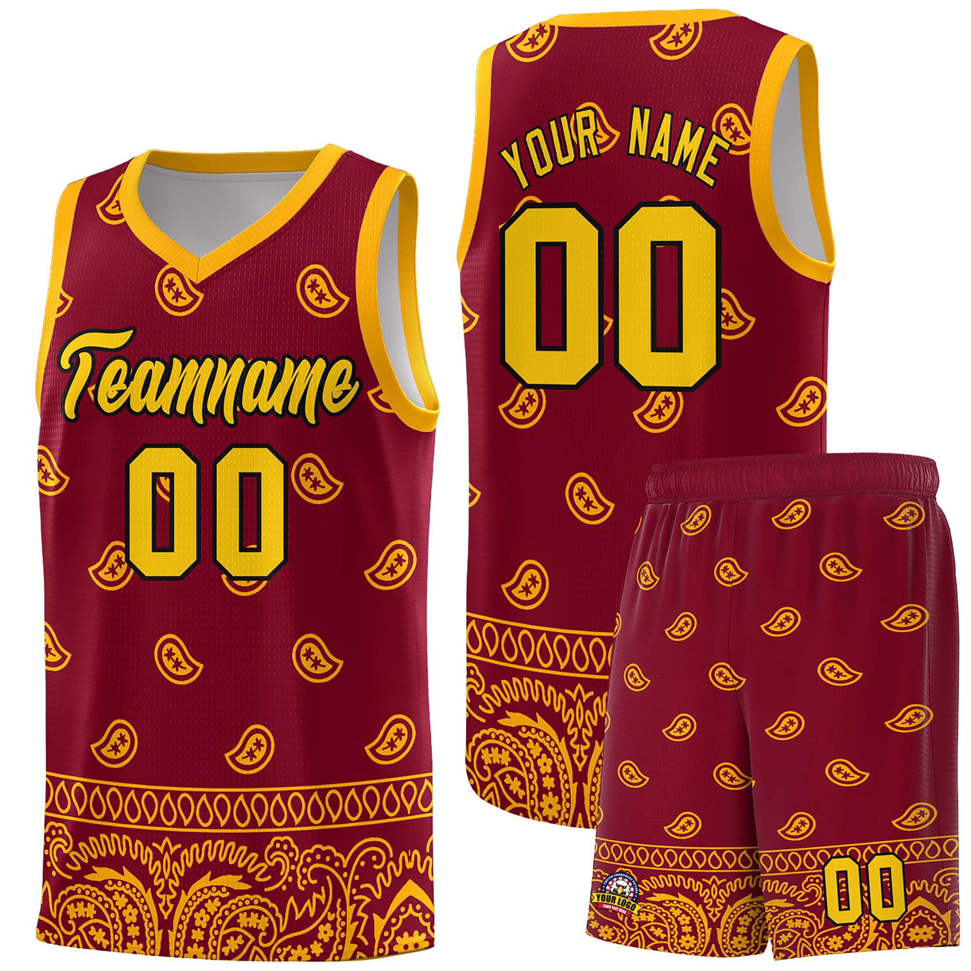 Custom Crimson Yellow Personalized Cashew Pattern Sports Uniform Basketball Jersey