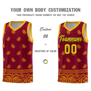 Custom Crimson Yellow Personalized Cashew Pattern Sports Uniform Basketball Jersey