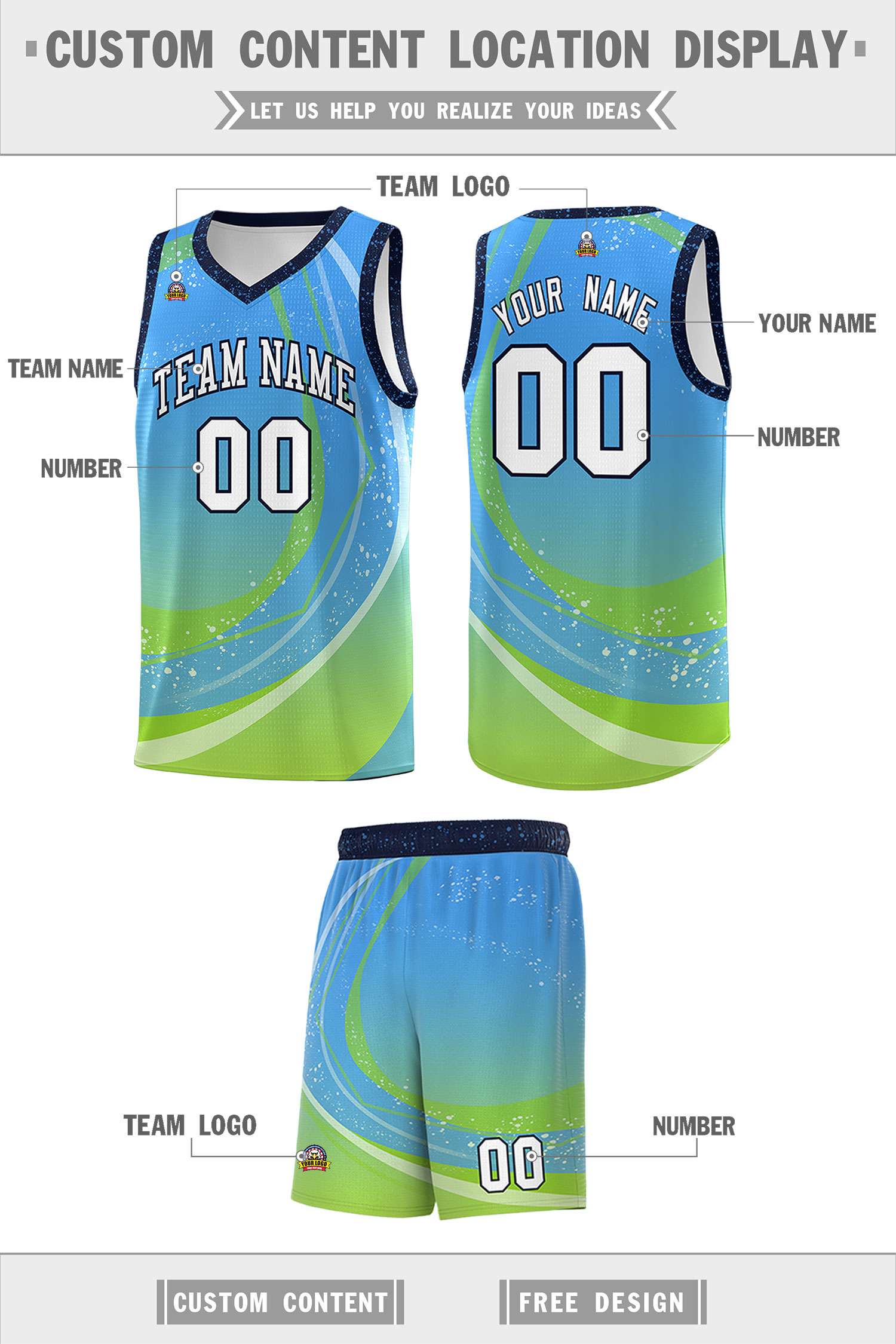 Custom Powder Blue Neon Green Personalized Galaxy Graffiti Pattern Sports Uniform Basketball Jersey