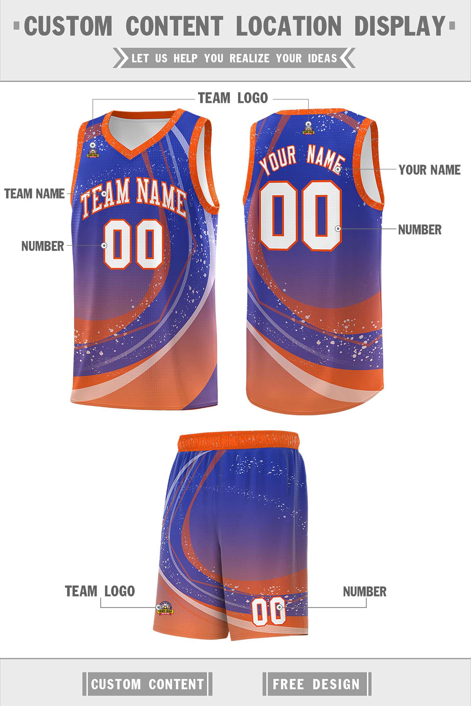 Custom Royal Orange Personalized Galaxy Graffiti Pattern Sports Uniform Basketball Jersey