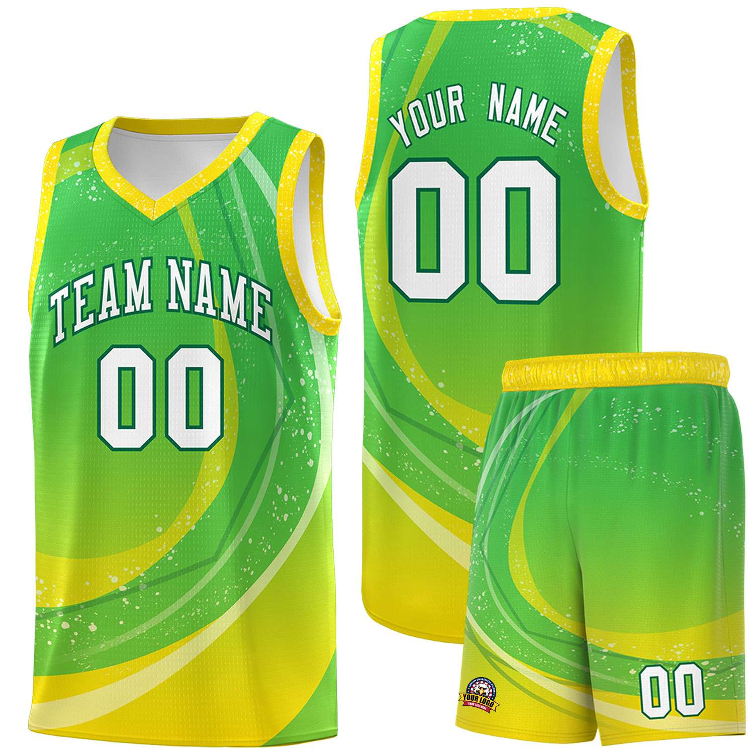 Custom Neon Green Gold Personalized Galaxy Graffiti Pattern Sports Uniform Basketball Jersey