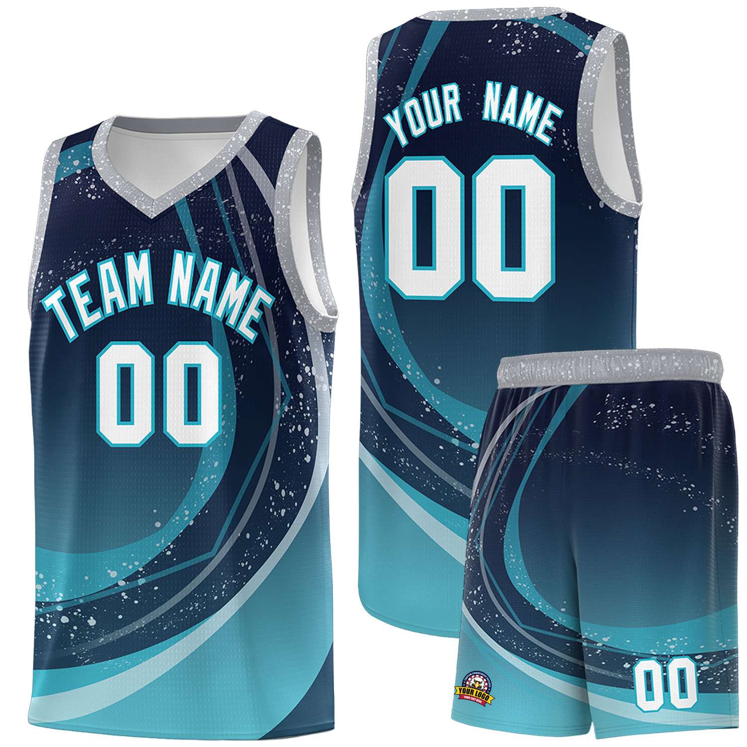 Custom Navy Aqua Personalized Galaxy Graffiti Pattern Sports Uniform Basketball Jersey