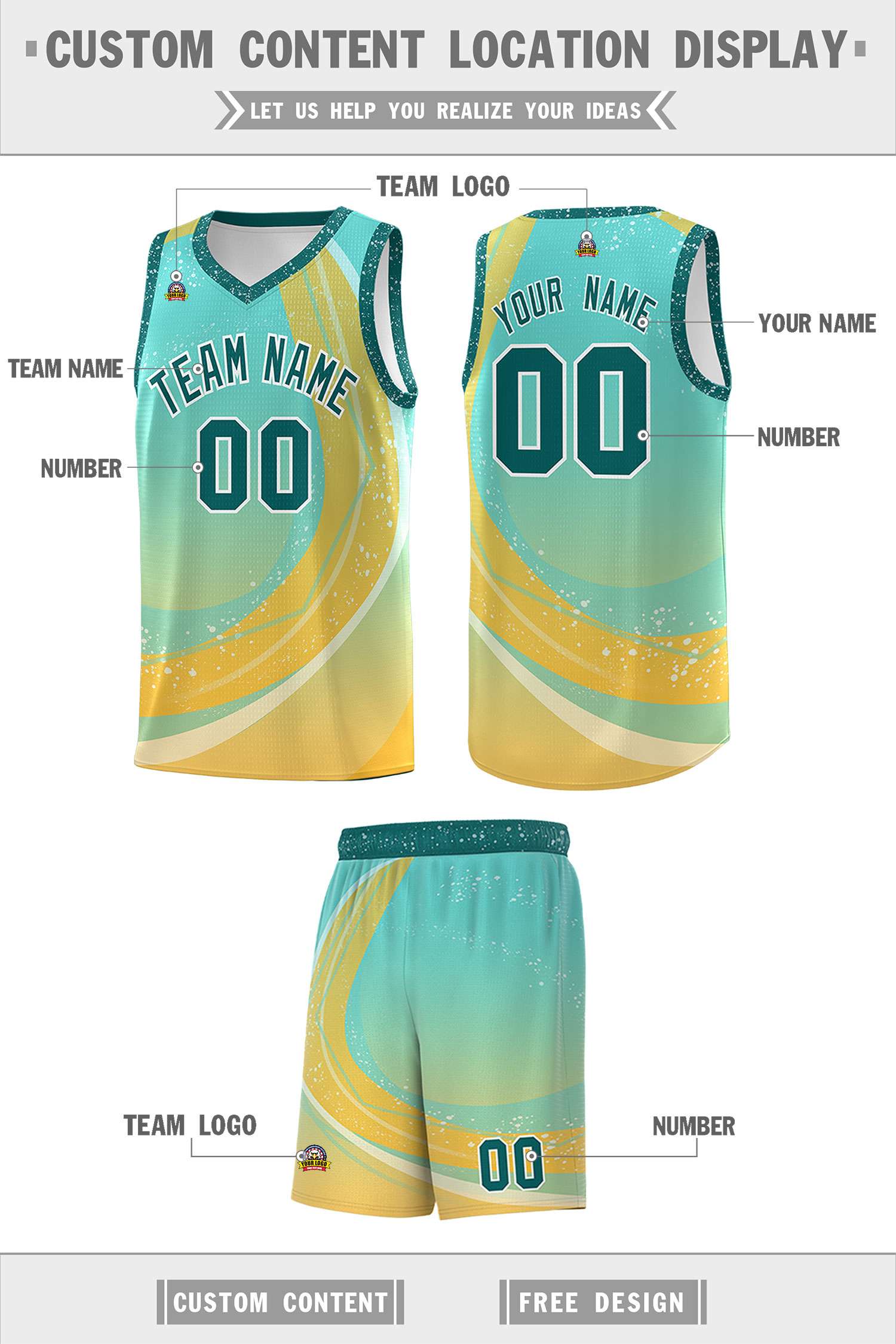 Custom Aqua Gold Personalized Galaxy Graffiti Pattern Sports Uniform Basketball Jersey