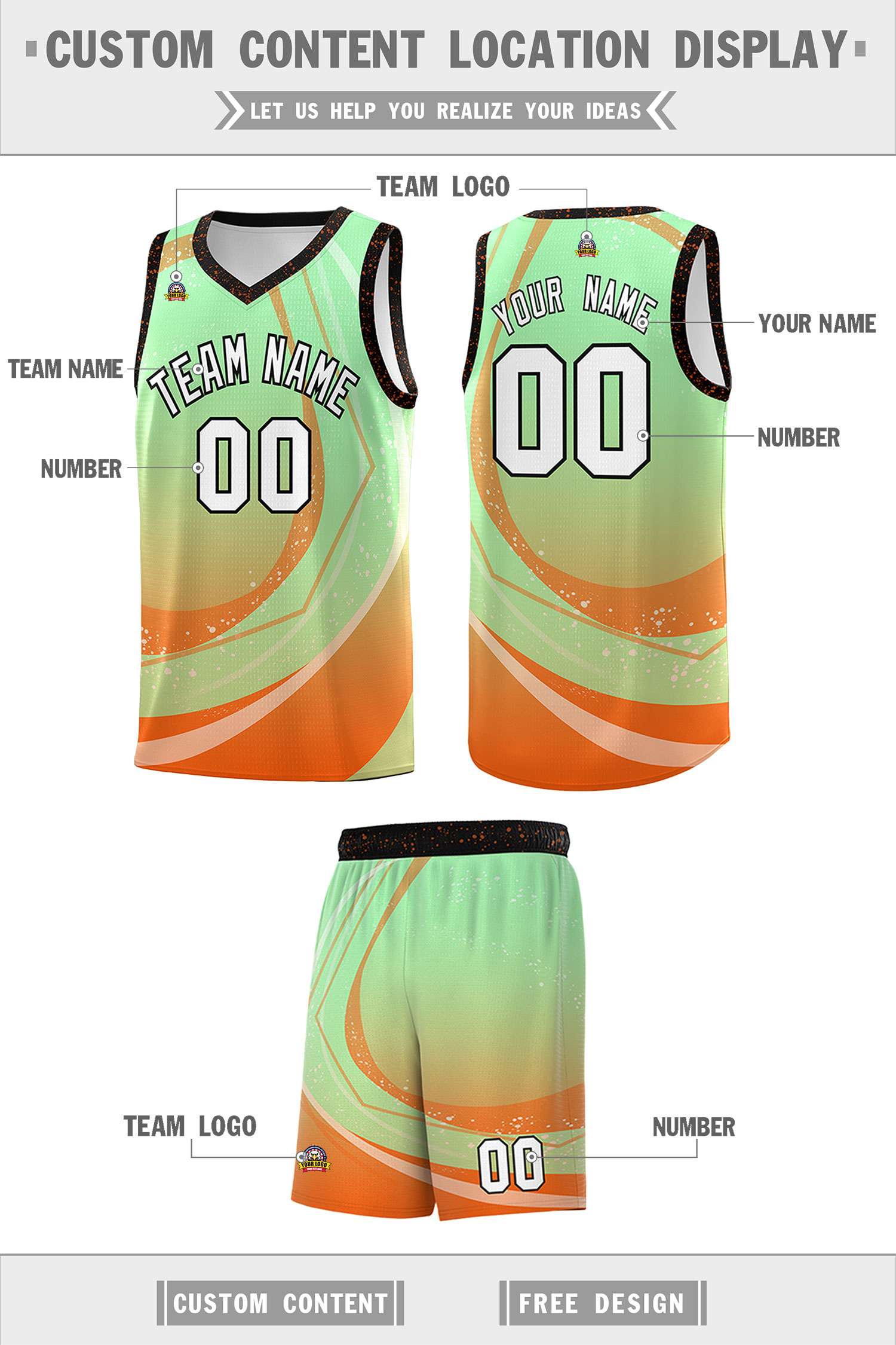 Custom Light Green Orange Personalized Galaxy Graffiti Pattern Sports Uniform Basketball Jersey